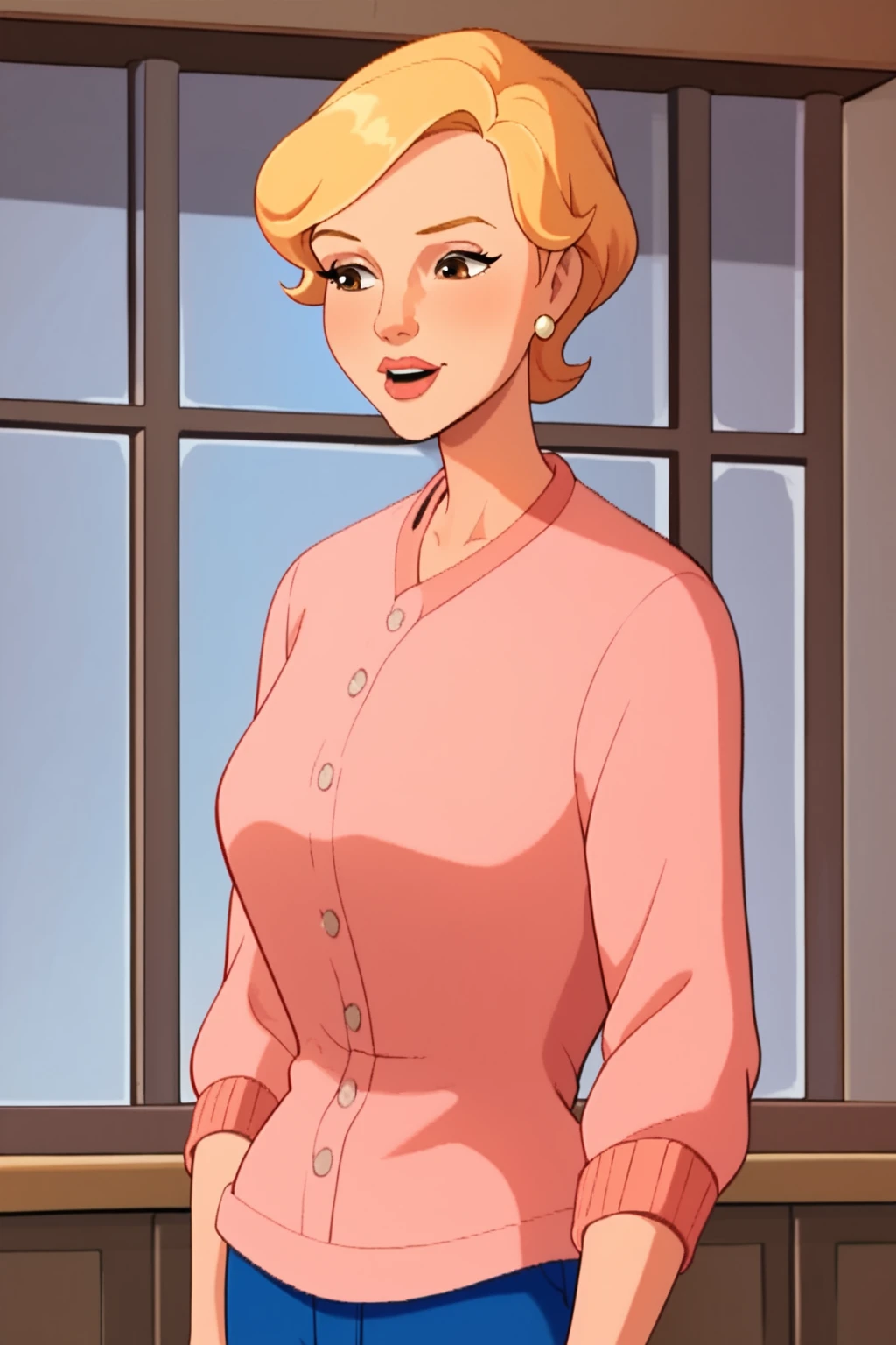  score_9, score_8_up, score_7_up, cartoon style, 1girl, solo, Mrs. Spankenheimer, button up pink sweater, blue pants, short hair, blonde hair, brown eyes,