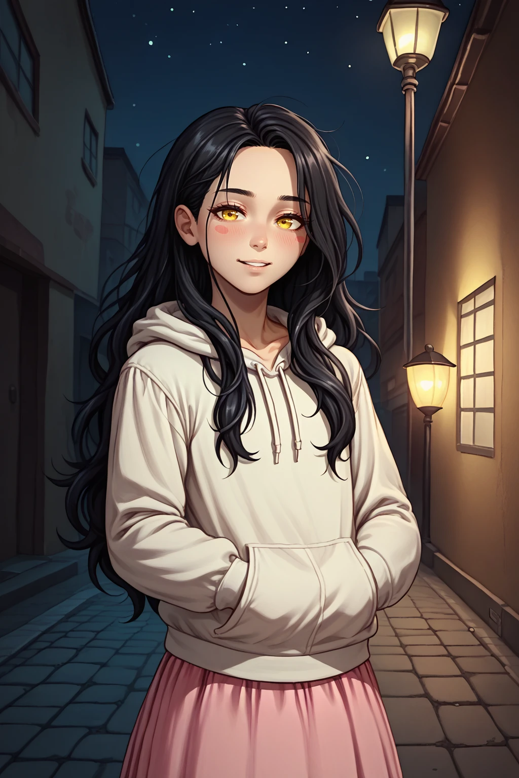 score_9, score_8_up, androgynous, solo, <lora:NSLimstellaFE7:1> NSLimstellaFE7, black hair, long hair, yellow eyes, white hoodie, :3, pink skirt, blush stickers, happy, sleepy, alleyway, dark, night, street lamp