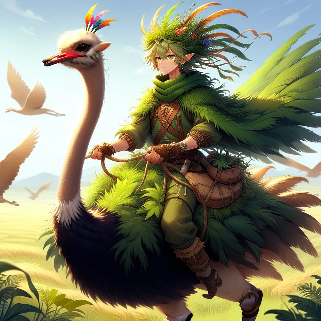 Woodelf, 1man riding an ostrich through the savannah plains, 