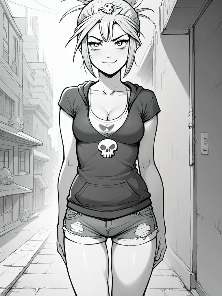 score_9, score_8_up, score_7_up, score_6_up, monochrome, smug, 1girl, talia, skull hairclip, cute hoodie, punk shirt, small breasts, cleavage, denim shorts, knee-high boots, standing in a city, looking away from viewer