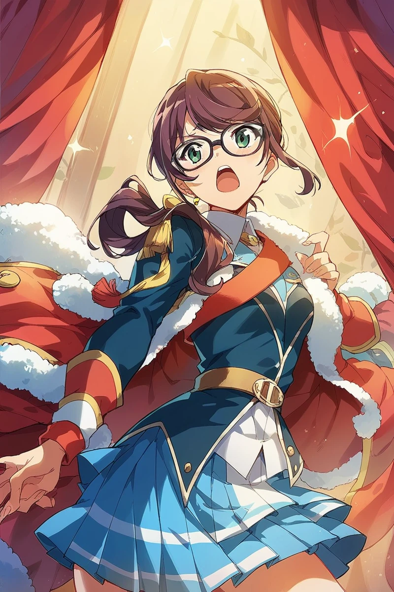 score_9, score_8_up, score_7_up, score_6_up, 1girl,
 <lora:Junna_Hoshimi:1> junna, glasses, green eyes, long hair, side ponytail, skirt, jacket, stage outfit, color lights, curtain,