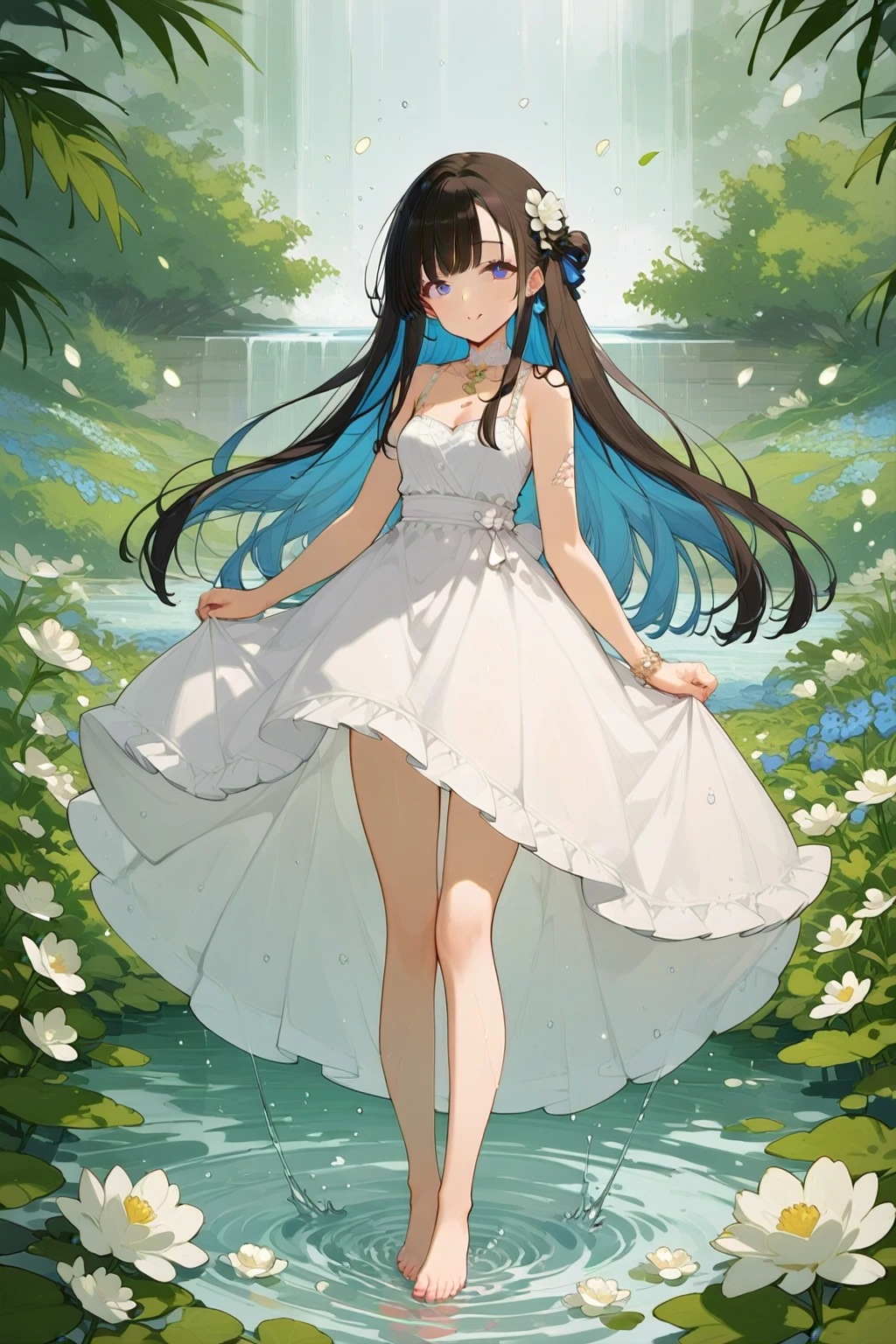 score_9, score_8_up, score_7_up, BREAK, source_anime, uncensored, 1girl, standing on the water, bare feet, background filled with flowers, white dress, ultra detailed, extremely masterpiece detailed face