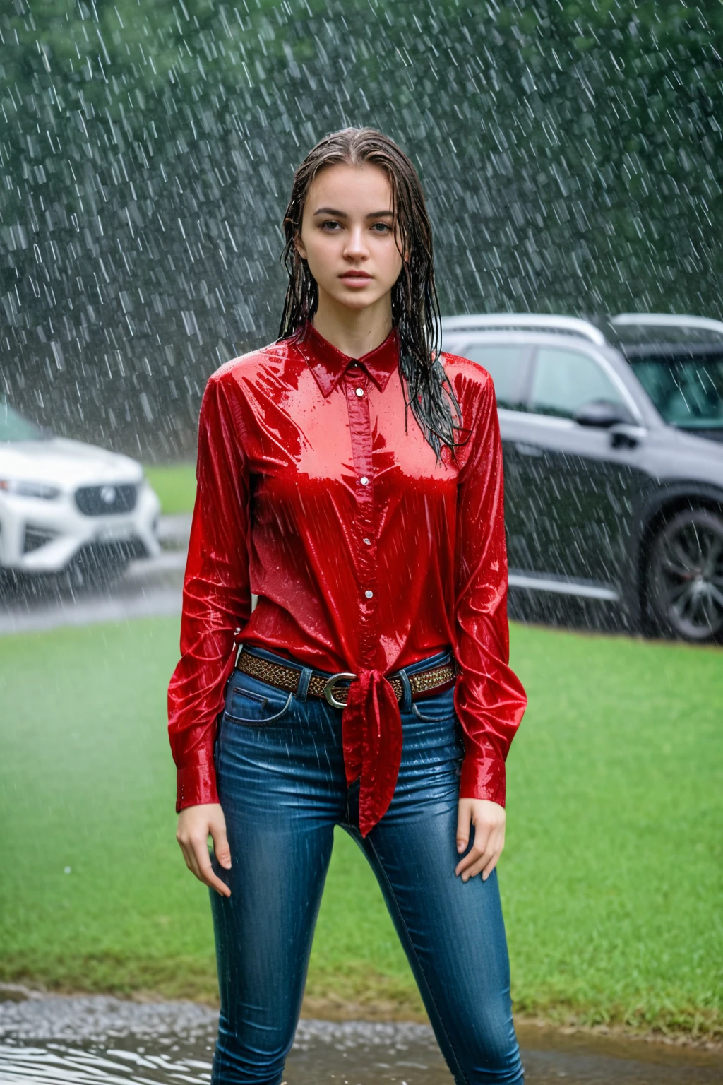 wetgirl, standing in the rain, water drop, wet hair, wet red silk shirt, shirt tucked into skinny jeans, belt, looking at viewer, photographed on a Fujifilm XT3, 80mm F/1.7 prime lens, cinematic film still, cinestill 500T, highly detailed, masterpiece, highest quality, intricately detailed, HDR, 8k, uhd, photorealistic, <lora:wetgirl_v3:0.75>