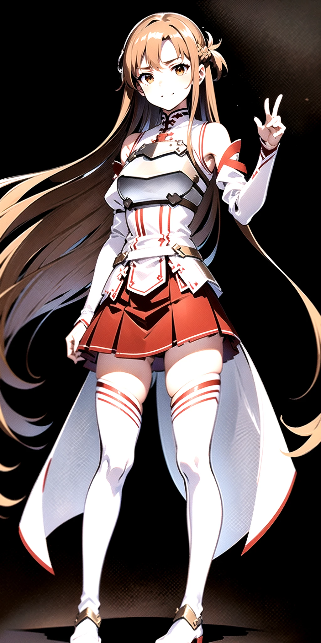 (asuna_first_uniform:1.2),1girl,full body,red pleated skirt,<lora:asunafirstuniform:1>.tall body, tall, long legs,simple background, indoors, long hair, brown hair, brown eyes, solo, weapon, sword, thighhighs, skirt, smile, armor, breastplate, detached sleeves, white thighhighs, looking at viewer, bare shoulders, red skirt, very long hair,(black background:1.5)