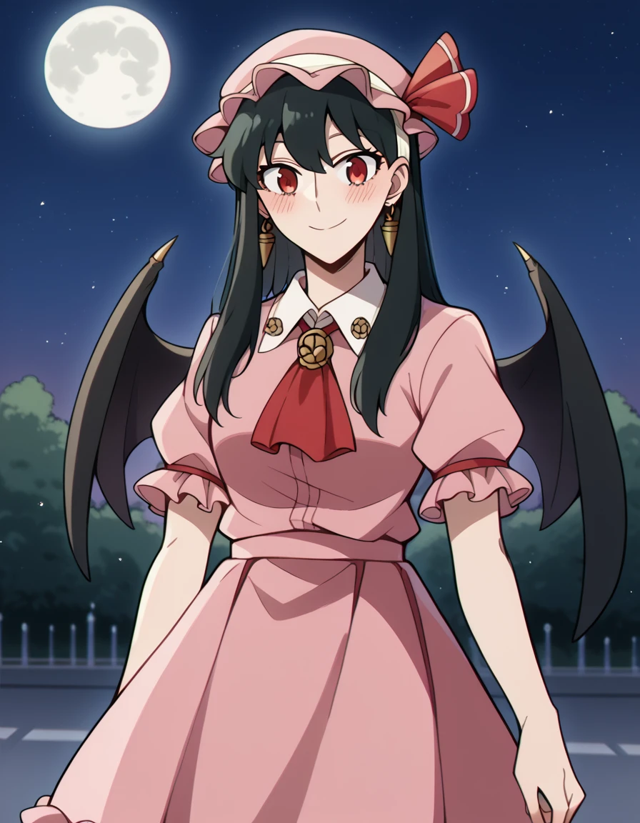 score_9, score_8_up, score_7_up, source_anime, yorbriar, <lora:yor-briar-s1-ponyxl-lora-nochekaiser:1>, yor briar, black hair, red eyes, earrings, white hairband, hairband, long hair, sidelocks, medium breasts,, <lora:remilia-scarlet-cosplay-ponyxl-lora-nochekaiser:1>, remiliascarletcosplay, remilia scarlet \(cosplay\), ascot, collared shirt, crystal, frilled shirt collar, frilled skirt, frills, hat, hat ribbon, mob cap, pink hat, pink shirt, pink skirt, red ascot, red ribbon, ribbon, shirt, short sleeves, skirt, wings,, outdoors, street, night, moon, starry sky, smile, blush,, cowboy shot, dutch angle, solo,