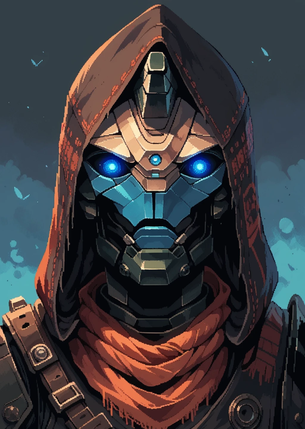 <lora:d3p1x3lXLP:1> simple background, solo, detailed pixel art, portrait, upper body,
<lora:Cayde-6_PonyXL-000007:0.7>  cayde, robot, colored skin, glowing eyes, blue eyes, scarf, hood, armor, horn, BREAK score_9, score_8_up, score_7_up, score_6_up, score_5_up,