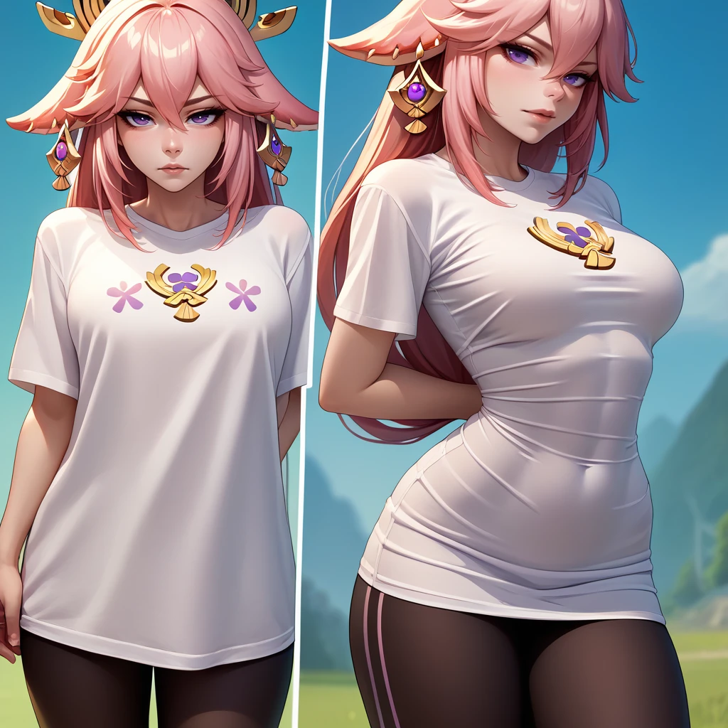 score_9, score_8_up, score_7_up, PajChall, multiple views, t-shirt, <lora:PajamasChallenge_pdxl_Incrs_v1:1>, yae miko, arm behind back,