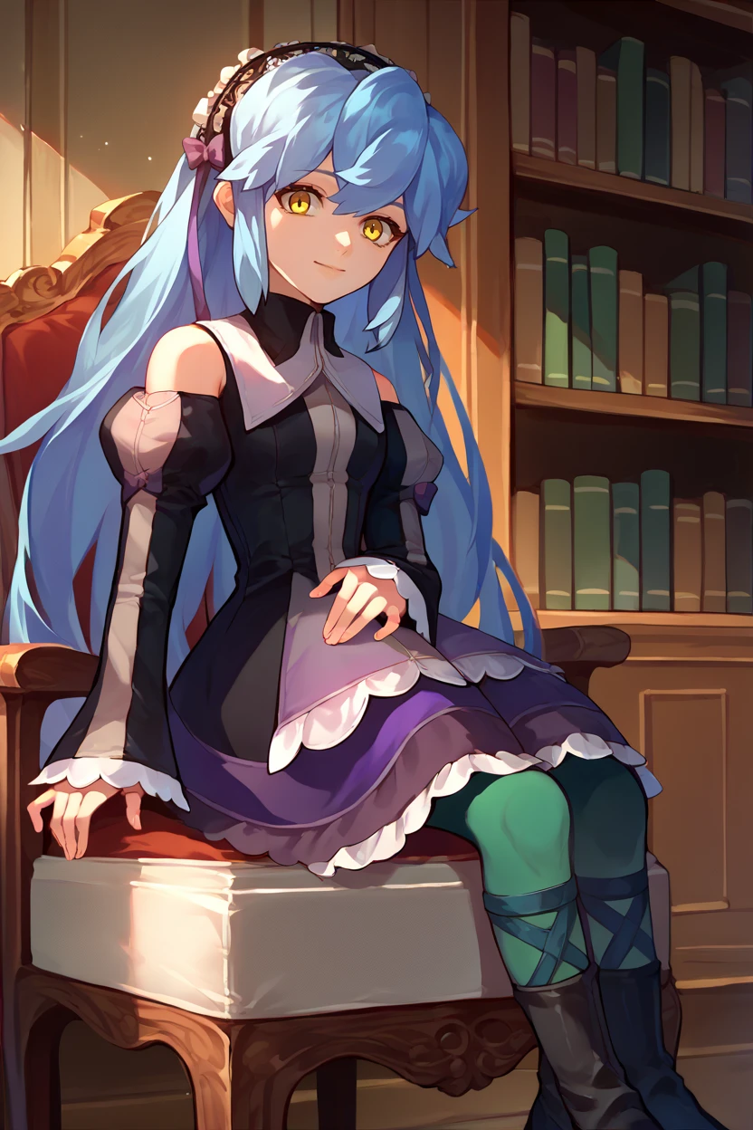 score_9, score_8_up, score_7_up, score_6_up, source_anime, 1girl, solo,  <lora:xfkatrina-pdxl-nvwls-v1-000005:1> xfKatrina, blue hair, yellow eyes, long hair, hairband, black dress, detached sleeves, green pantyhose, boots, sitting, chair, mansion, bookshelf, looking at you, smile