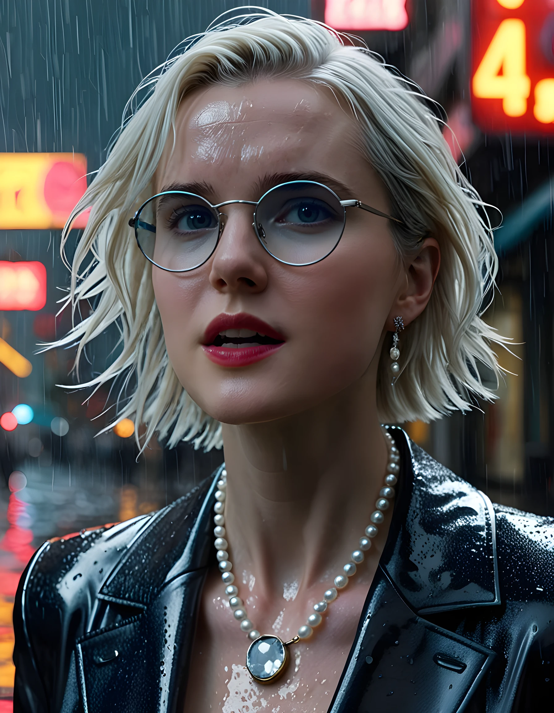 In a gritty, neo-noir setting of rain-soaked cobblestone streets, the woman named LYR4CR is captured in a dramatic close-up by a low-angle camera shot. Her short, platinum blonde hair is slicked back from her face, revealing piercing blue eyes framed by round eyewear with thin black rims and thick glasses lenses. A single strand of pearls adorns her neck, cascading down to meet a bold statement ring on her left hand. Her lips are pursed as she clutches a vintage briefcase against the cold rain, the light from a nearby streetlamp casting an ethereal glow across her face and highlighting the shimmer of her diamond earrings. The background is filled with the hazy reflections of neon signs and the distant sound of a saxophone drifts through the air, creating a tense yet enigmatic emotional tone.