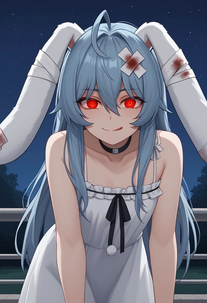 1girl, solo, Parasi, red eyes, blue hair, long hair, ahoge, animal ears, rabbit ears, hair between eyes, bangs, blood, sidelocks, bandages, black choker, white dress, black ribbon, sundress, park, lamppost, night sky, looking at viewer, smile, licking lips, close-up, glowing eyes, leaning forward