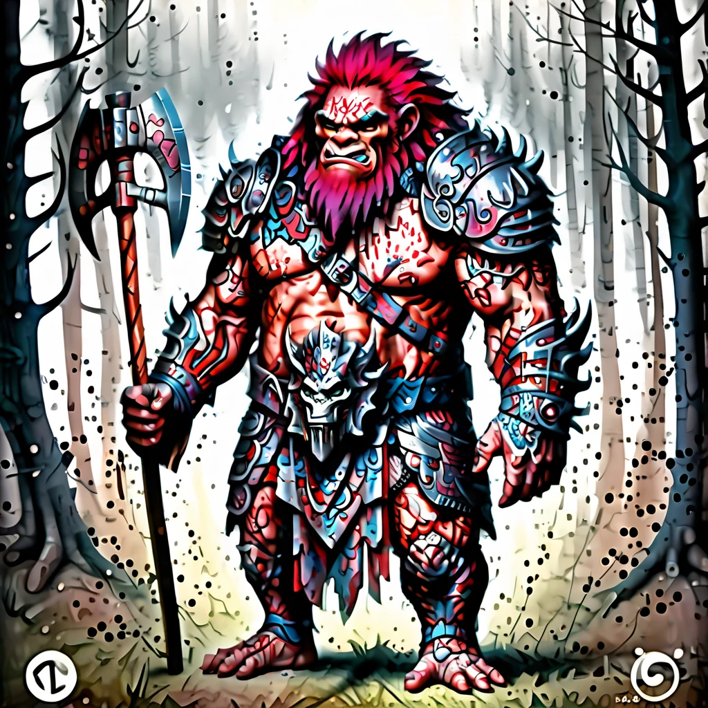 A rugged and grizzled leader of a troll army holding a battle ax walking through a forest, spiked armor shoulder guards and a animal pelts coat, Extremely detailed concept art , ((masterpiece)) Greg Rutkowski, Krenz Cushart Artstation style Artstation