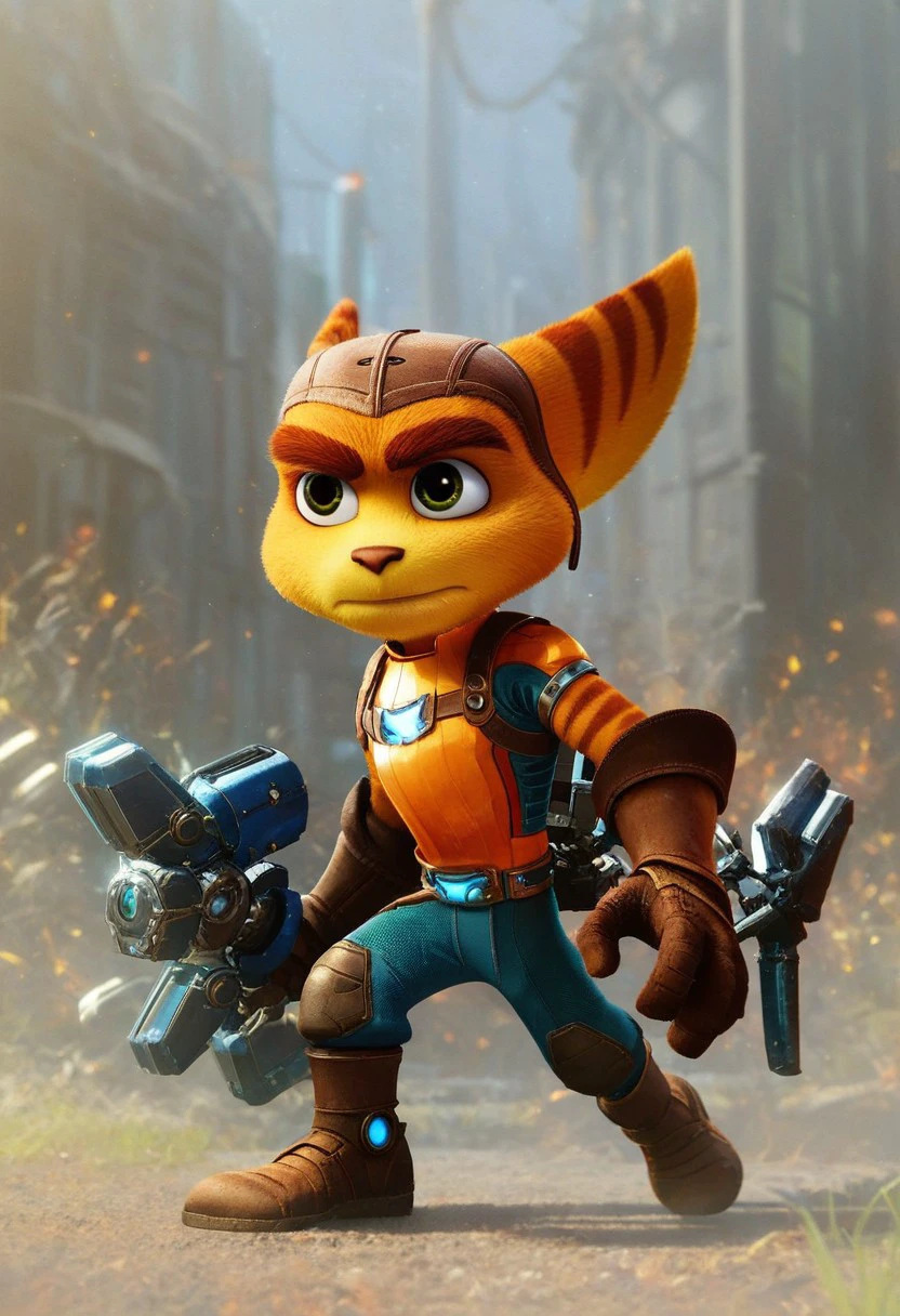 score_7_up, score_8_up, in-game, full body, 
BREAK,
solo male, RCratchet, armor, cap, lombax, orange fur, brown stripes, weapon, holding weapon, heroic pose,