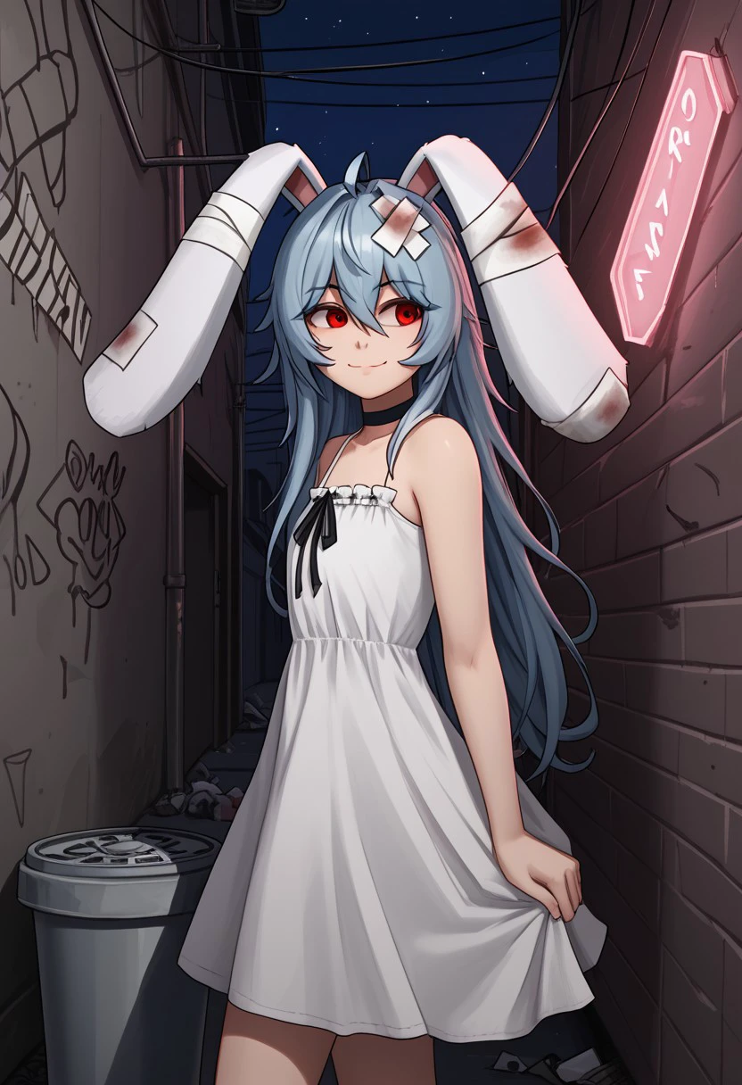 1girl, solo, Parasi, red eyes, blue hair, long hair, ahoge, animal ears, rabbit ears, hair between eyes, bangs, blood, sidelocks, bandages, black choker, white dress, black ribbon, sundress, 
sideway glance, looking to the side, looking at viewer, from side, closed mouth, smile, 
alley, air conditioner, industrial pipe, trash can, graffiti, power lines, night sky, dark alley, neon lights