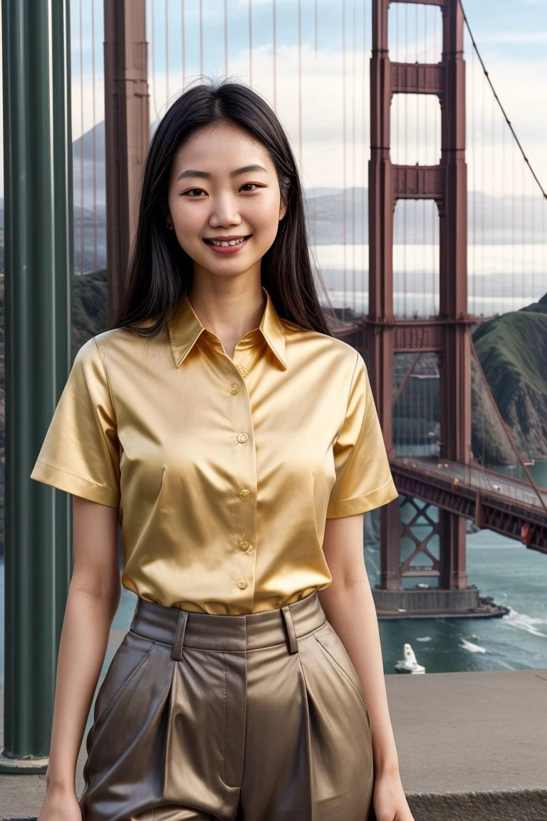 Asian woman, closeup, (shirt), pants, (times square), (), KM_chantana, wide shoulders, perfect face, (contact iris: 1.1), pale skin, skin pores , depth of field