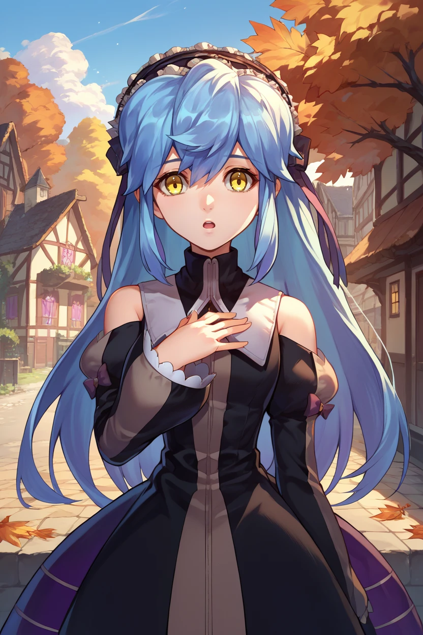 score_9, score_8_up, score_7_up, score_6_up, source_anime, 1girl, solo,  <lora:xfkatrina-pdxl-nvwls-v1-000005:1> xfKatrina, blue hair, yellow eyes, long hair, hairband, black dress, detached sleeves, looking at you, chestnut mouth, village, autumn, hand on own chest