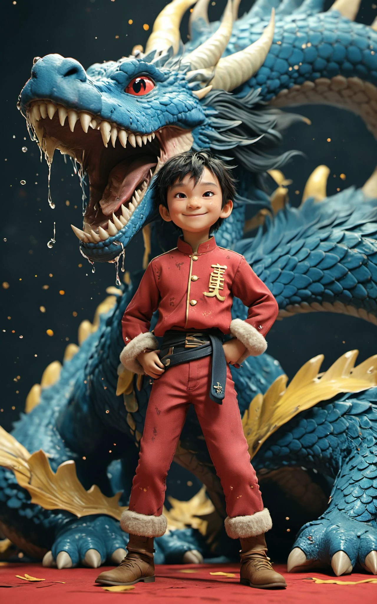 XUER Pixar style,<lora:绪儿 皮克斯风格  XUER Pixar style:0.8>,
(masterpiece,best quality,realistic,),dny,eastern dragon,dragon,1boy,male focus,red background,smile,solo,black hair,looking at viewer,long sleeves,red eyes,black pants,male child,pants,shirt,red shirt,print shirt,new year,cowboy shot,red theme,short hair,chinese zodiac,*****,happy new year,chinese new year,blush,
A three-****-*** boy,XUER kids photography,*****,with a high-end texture,in the style of fashion photography,magazine cover,Dynamic Angle,Dynamic posture,Perspective,High Point,pov,
(8k, RAW photo, highly detailed,masterpiece,  highest quality),rich colors,high contrast,full shot body photo of the most beautiful artwork in the world,cinematic light,fantasy,highres,(detailed face),ultra-realistic,high dynamic range,
photoreal,epic realistic,dark shot,shadows,darkness,contrast,layered colors,vivid colors,contrast,offcial art,colorful,splash of color,movie perspective,very aesthetic,disheveled hair,perfect composition,moist skin,intricate details,moody,epic,photorealistic,color  graded cinematic,
atmospheric lighting,award winning photo,film grain,A shot with tension,(Visual impact,giving the poster a dynamic and visually striking appearance:1.2),impactful picture,