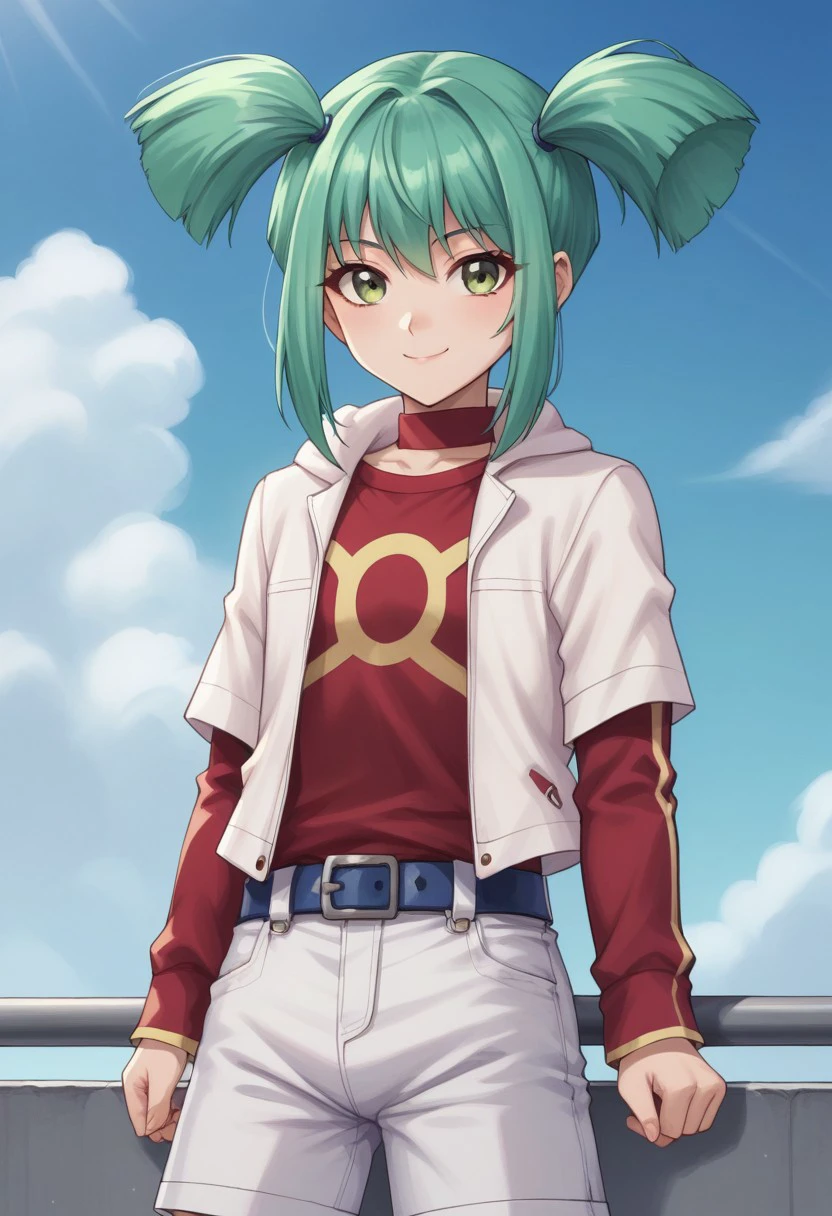 score_9, score_8_up, score_7_up, source_anime, highly detailed, 
luna5d, 1girl, solo, shorts, white shorts, belt, twintails, green hair, jacket,
green eyes, open clothes, shirt, red shirt, looking at viewer, smile, long sleeves, standing, open jacket, sidelocks, upper body
outdoor, sky, cloud,