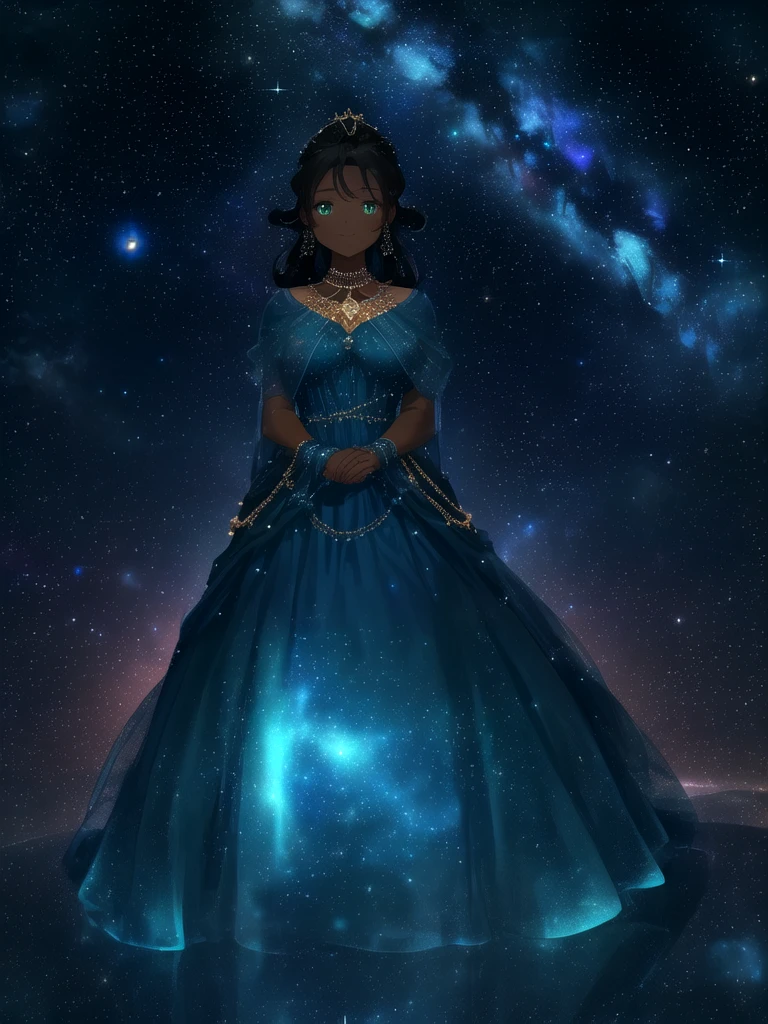 (real photo of a gorgeous lady with dark skin wearing a shiny blue dress:1.1), night sky with stars, soft glow, realistic dark lighting, looking up, black hair, green eyes, golden chains, (shiny gold:0.3), cosmic background reflecting on her skin, dreamy, (lens effect, lens glare:0.45), (smile, happy:0.85)
