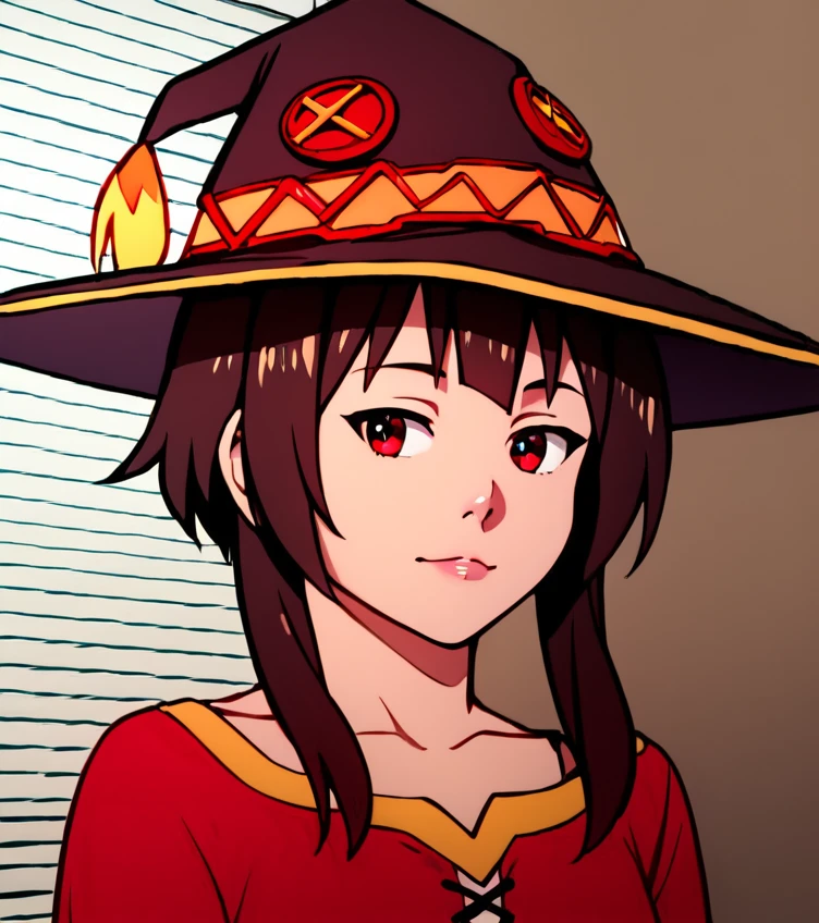 <lora:Megumin:0.7>
<lora:yajyuukao:4>
(megumin, red eyes, 1girl, red dress, brown hair,witch hat),
score_9, score_8_up, score_7_up, score_6_up, score_5_up, score_4_up, source_anime,
(yajyuu,realistic, portrait,looking at viewer, blinds,closed mouth,shadow, lips, indoors, upper body, nose,expressionless,window, simple background, close-up, meme, parody, real life insert,sidelighting,looking to the side,shade,shiny, frown,smile:1.2)