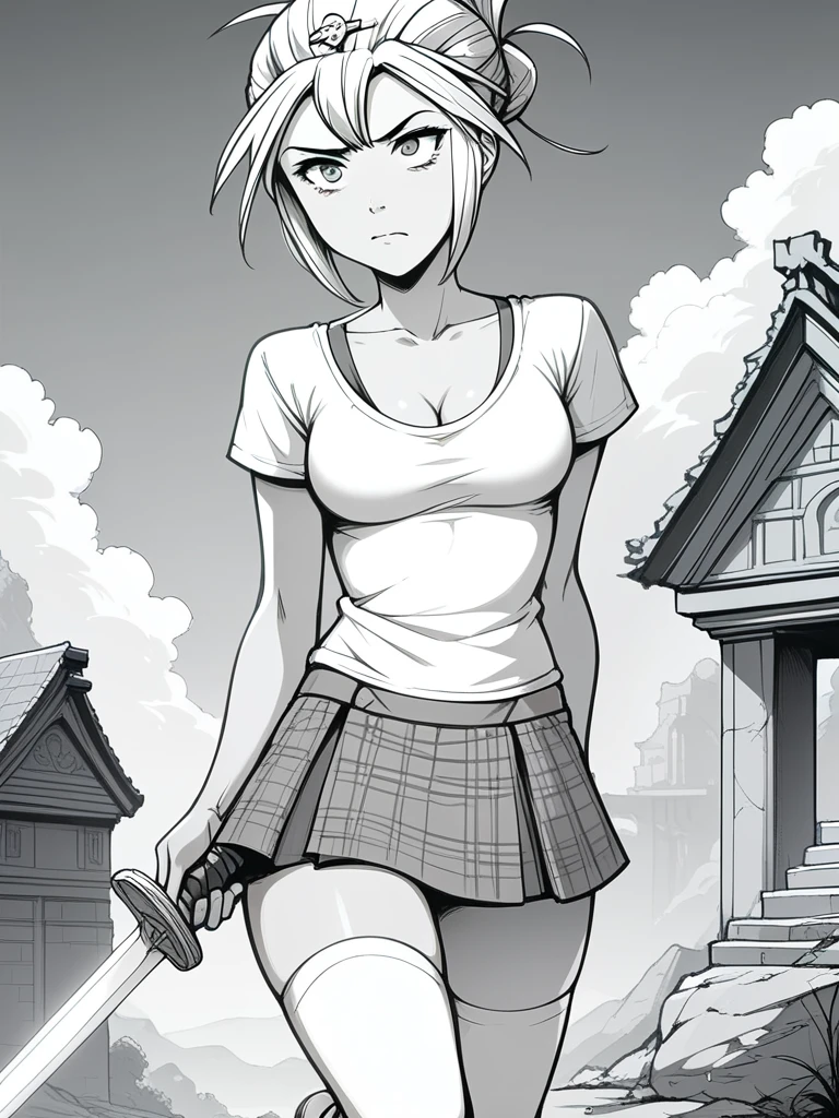 score_9, score_8_up, score_7_up, score_6_up, exclusive color, action scene, grayscale 1girl, talia, hairclip, simple shirt, small breasts, cleavage, gray plaid skirt, white thighhighs, black tall boots, levitating, holding sword, temple background