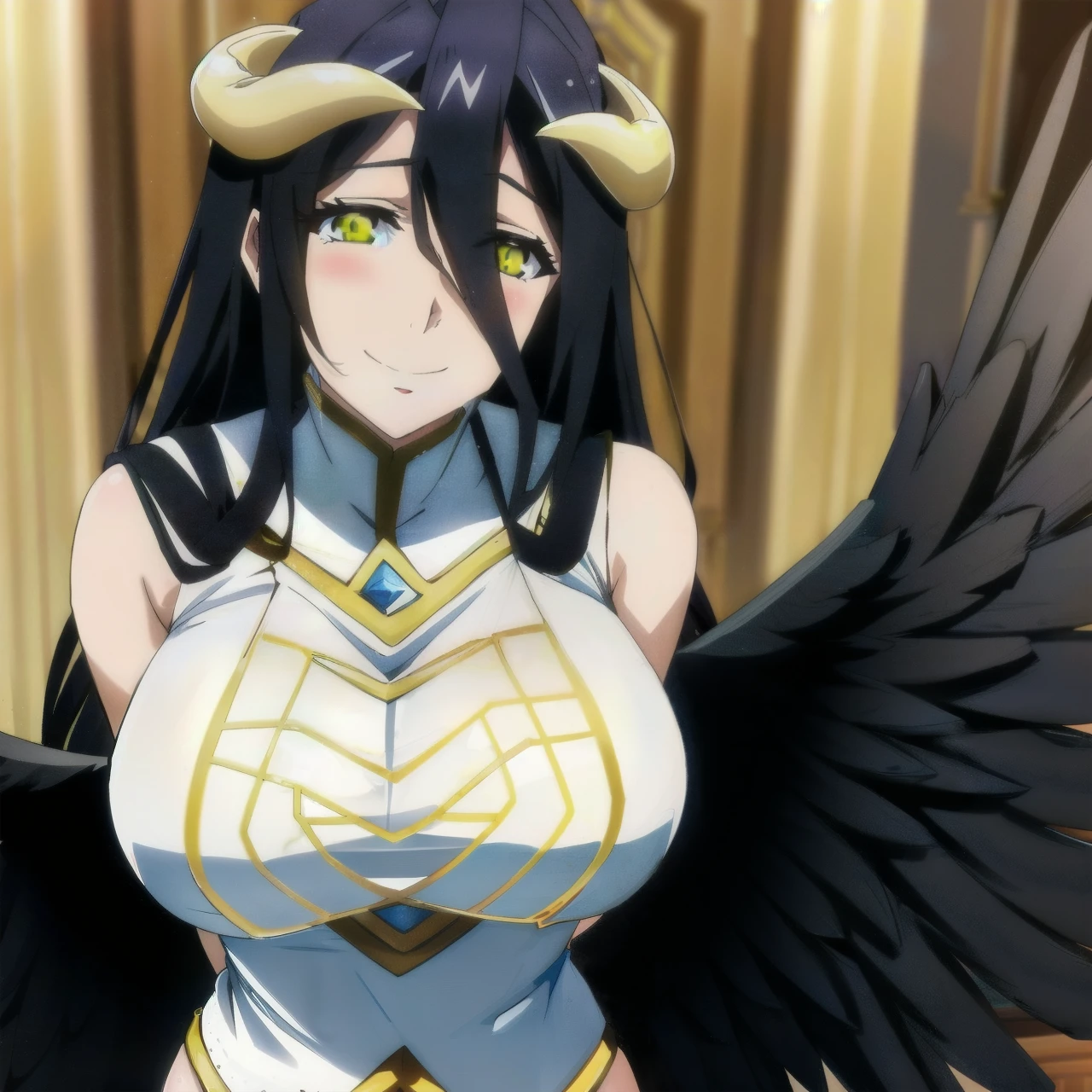 1girl, albedo, office suit, overlord albedo, yellow eyes, horns, black wings, black hair,  <lora:albedo:1>, smile, (whole body:1.1)