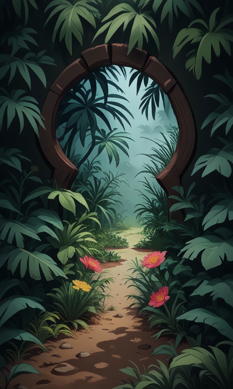 <lora:Keyhole_Art_Pony:1.5>, keyhole_art, simple_foreground, keyhole_view, humid jungle, flowers, overgrowth, weeds, shrubs, plants, floral_theme, source_cartoon, score_9, score_8_up, score_7_up,