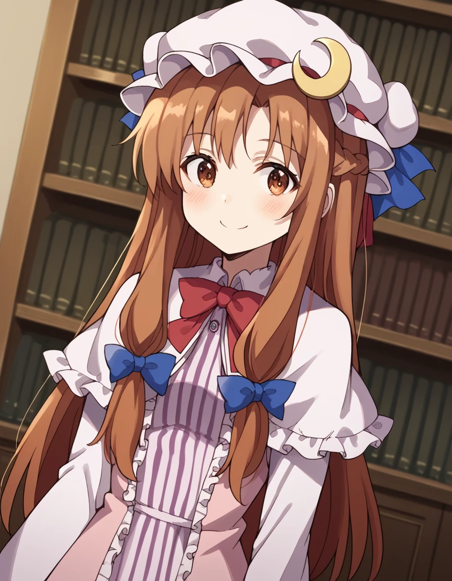 score_9, score_8_up, score_7_up, source_anime, asunayuuki, <lora:asuna-yuuki-s1-ponyxl-lora-nochekaiser:1>, asuna yuuki, long hair, brown hair, brown eyes,, <lora:patchouli-knowledge-cosplay-ponyxl-lora-nochekaiser:1>, patchouliknowledgecosplay, patchouli knowledge \(cosplay\), blue bow, bow, crescent, crescent pin, dress, hair bow, hat, mob cap, pink dress, pink hat, red bow, capelet, long sleeves, frilled sleeves, frilled capelet, striped clothes, striped dress,, indoors, library, smile, blush,, cowboy shot, dutch angle, solo,