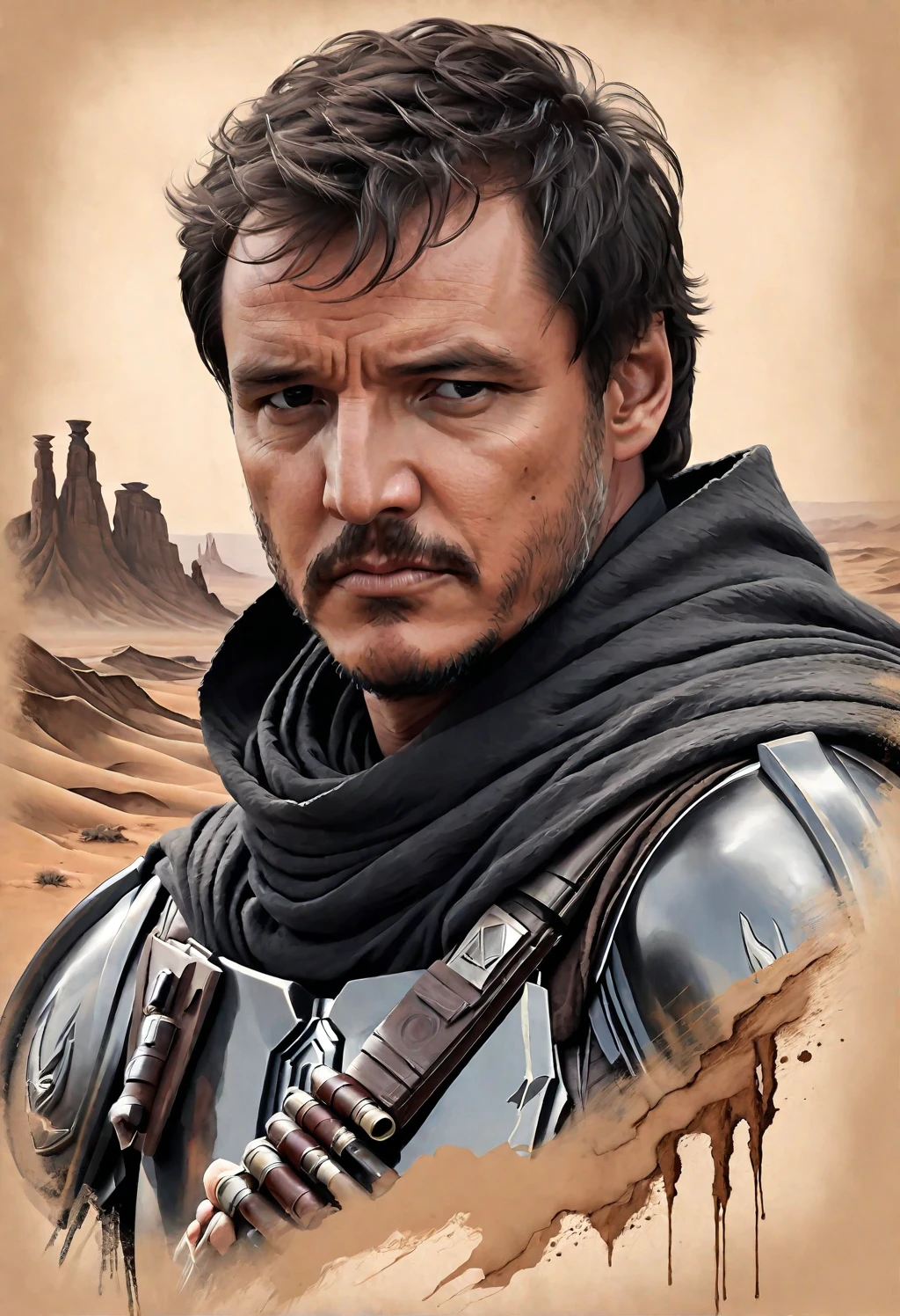 (upper body1.5) portrait, old book style ink illustration of <lora:Mandalorian_Din_Djarin_SDXL:1> Mandalorian Pedro Pascal in the lonely desert, ((intense gaze, furrowed brow)), hand holding gun, pose inspired by Boris Vallejo, exhibits acrobatic prowess on the planet Dathomir, swirling grey cloak, brushwork echoing Carne Griffiths, realistic, lifelike, on parchment, (((ink splashes, ink stains, ink smears, faded ink))), (futuristic:1.5) desert, tatooine, galaxy, lucasfilms, glass, fog, sun, in the clouds, futuristic round roofed adobe desert dwellings, fractals, sunrise, moody tones, vivid color paint, mentixis, linquivera, movie poster, star wars vibes, white background