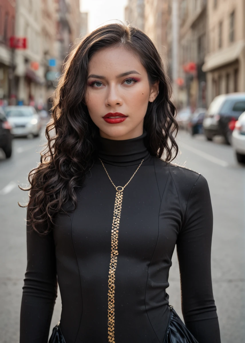 score_9, score_8_up, score_7_up, a captivating masterpiece of an woman, long dark hair, (((dressed marvel outfit with turtleneck))), ((upper body)), face, The intricate lace and gold details exude a very rebellious aura. ((The use of high-shine gloss adds a touch of glamour to the look)), ((while the deep red and black hues give it a dramatic vibe)), background is a street in New York, blurred background, studio ligthing, facing camera, shallow depth of field, <lora:MS_Niki_Meow_V1_Pony:0.8>, extravagant, ornate, designer, opulent, picturesque, lavish