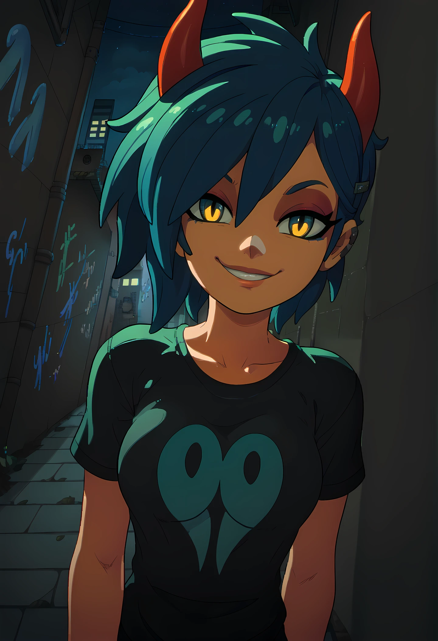 score_9, score_8_up, score_7_up, score_6_up, aesthetic, punk, demon, horns, outdoors, alley, night, graffiti, t-shirt, solo, dutch angle, (big lips:0.6), (close up:1.2), portrait, medium breasts, smug, smirk, skinny, pov, leaning toward viewer, (pixel art:1.5)