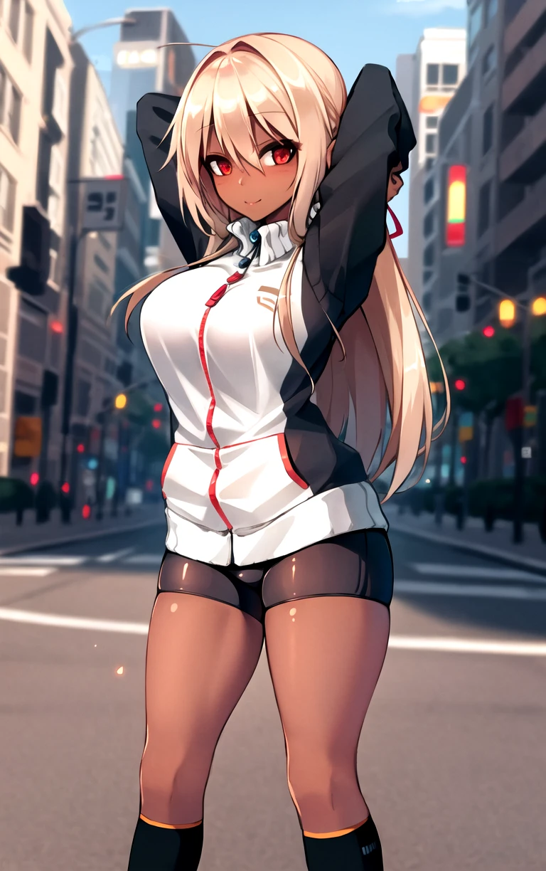 ((masterpiece, best quality)), insaneres, absurdres, solo, looking at viewer, 
ARTSTYLE_sub_res_ownwaifu, 1girl, dark-skinned female, long hair, blonde hair, bike shorts, large breasts, dark skin, track jacket, red eyes, black socks, kneehighs
(contrapposto, arms behind head), sidelighting,<lora:ARTSTYLE_sub_res_ownwaifu:0.8>,
 depth of field, light particles,