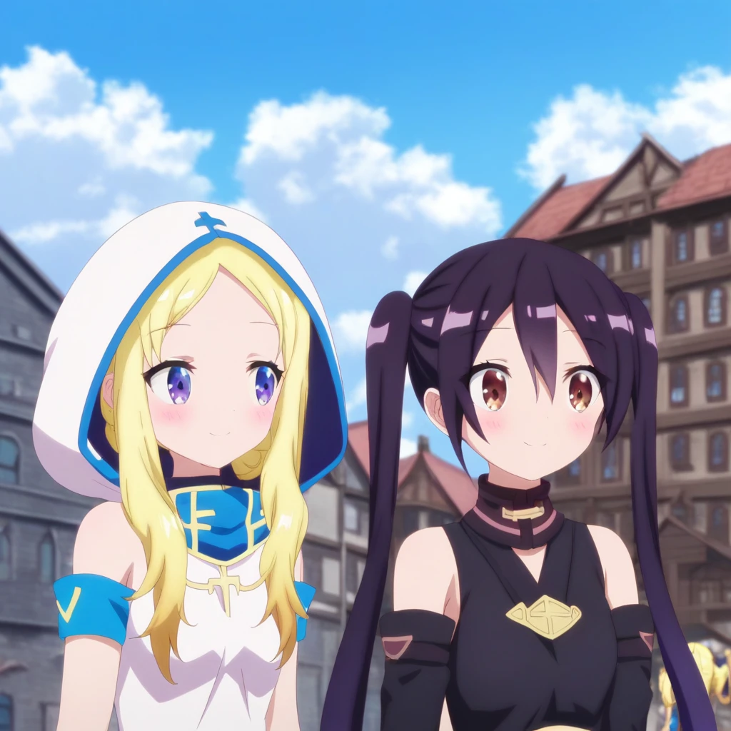 score 9, score 8 up, score 7 multiple girls, 2girls, blonde hair, twintails, smile, black hair, outdoors, long hair, looking at another, day, brown eyes, blush, bare shoulders, blue eyes, hood, sky, closed mouth, upper body, hair between eyes, blurry, blurry background, cloud, detached sleeves, sleeveless, building, black shirt, sidelocks, blue sky, purple eyes, eye contact, shirt, small breasts, parted bangs, breasts, purple hair, anime coloring, depth of field,  <lora:rufuria_rakira rpg_fudousan:1>,