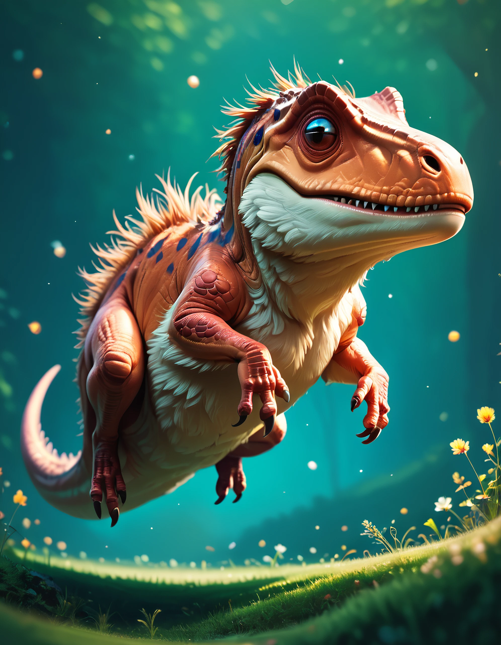 score_9, score_8_up, score_7_up, score_6_up, score_5_up, score_4_up, detailed funny fluffy creature, dinosaur inspired, jumping around in long grass, creative scene, cinematic light
