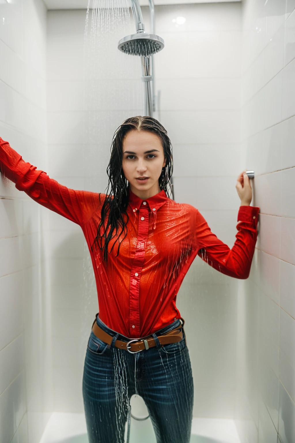 wetgirl, wet hair, wet red shirt, shirt tucked into skinny jeans, belt, looking at viewer, standing in the shower, water drop, photographed on a Fujifilm XT3, 80mm F/1.7 prime lens, cinematic film still, cinestill 500T, highly detailed, masterpiece, highest quality, intricately detailed, HDR, 8k, uhd, photorealistic, <lora:add_detail:0.5>, <lora:wetgirl:0.7>