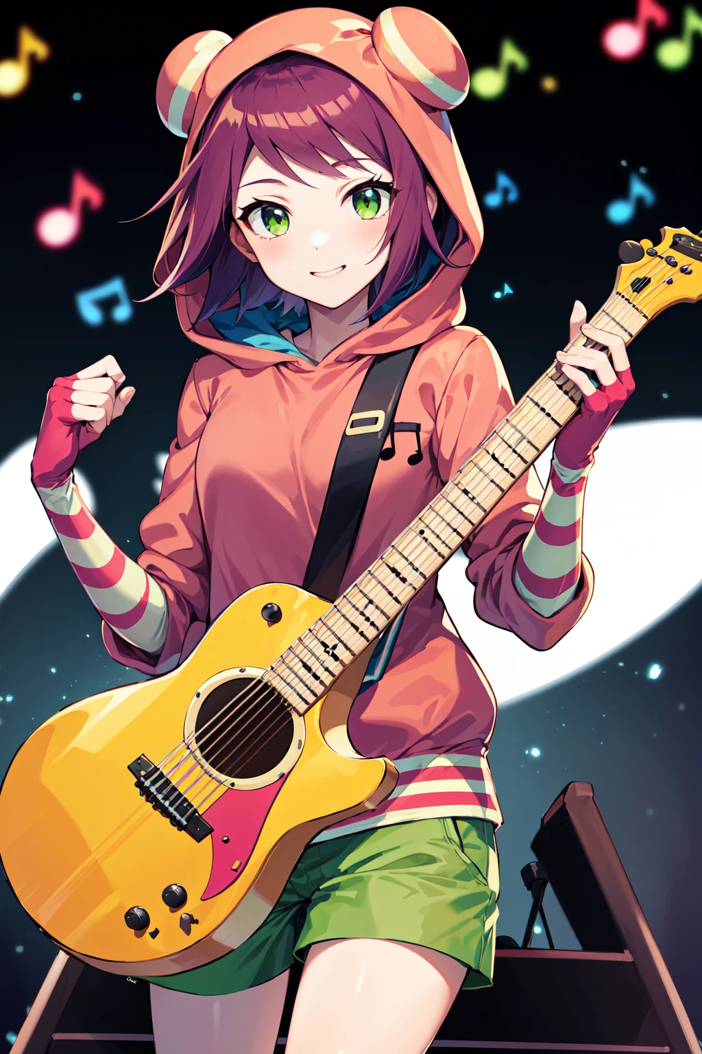 masterpiece, best quality, highres, 1girl, solo, short hair, purple hair, green eyes, hood up, pink hoodie, musical note, elbow gloves, striped gloves, fingerless gloves, green shorts, <lora:hibiki_misora_(harp_note)_v1:0.7>, stage, holding instrument, smile, guitar,