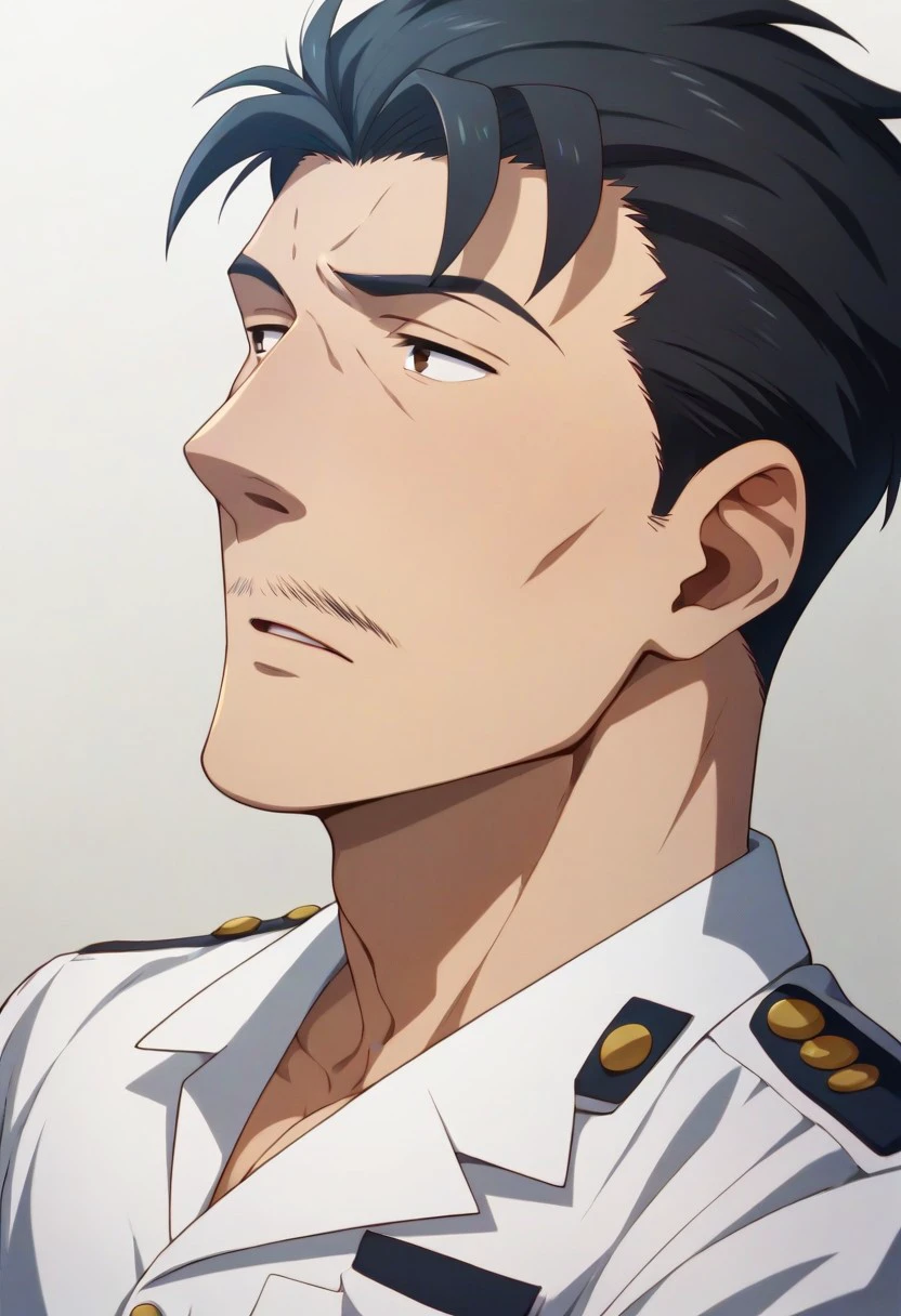 score_9, score_8_up, score_7_up, score_6_up, perfect anatomy, perfect proportions, best quality, masterpiece, high_resolution, high quality, aesthetic, absurdres, (male focus), solo male, Ichiro Satomi, black hair, short hair, black eyes, facial hair, thin mustache, military uniform, white shirt, short sleeves, rank slides, khaki pants, adult, mature, masculine, manly, handsome, charming, alluring, (portrait, headshot, upper body, from side), dutch angle, informal individual, laid back individual
