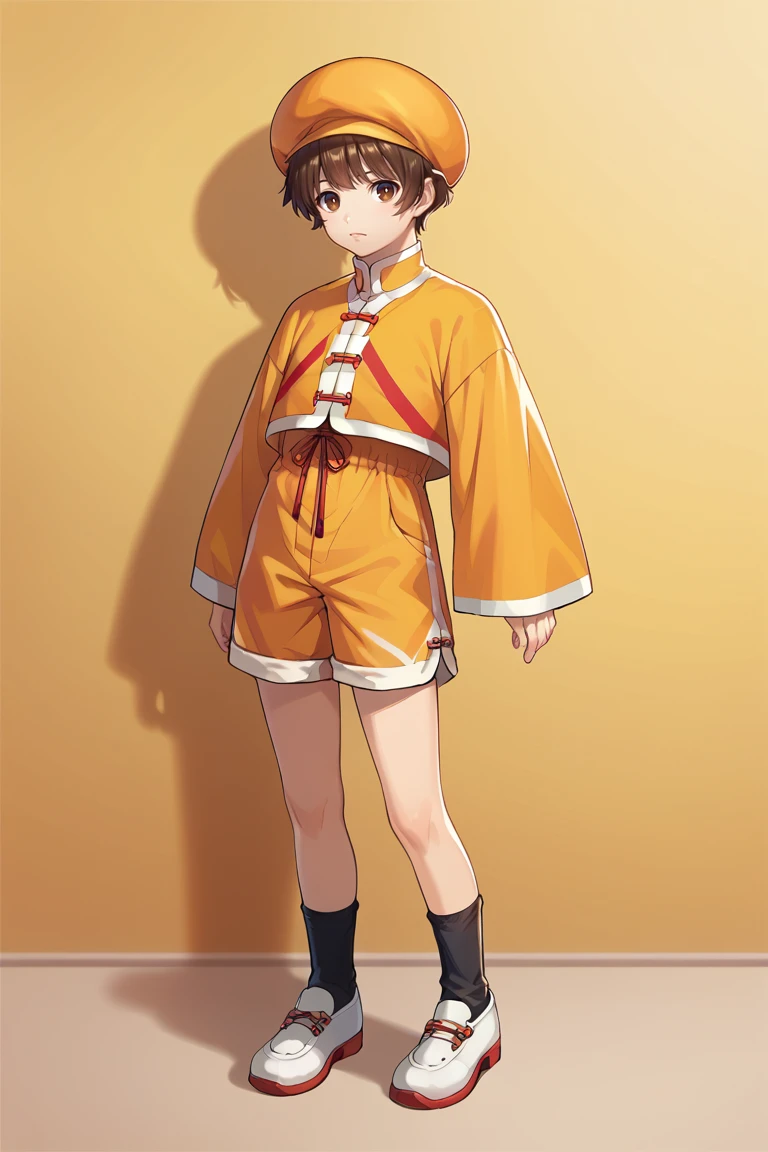 score_9, score_8_up, score_7_up, score_6_up, detailed, intricate details,best quality ,source_anime, cowboy shot,
bao_kof, brown hair, brown eyes, chinese clothes, yellow jacket, long sleeves, yellow shorts, yellow hat, solo, 1boy, male focus, shorts, full body, socks,black socks, white shoes,solo<lora:EMS-423433-EMS:1.000000>