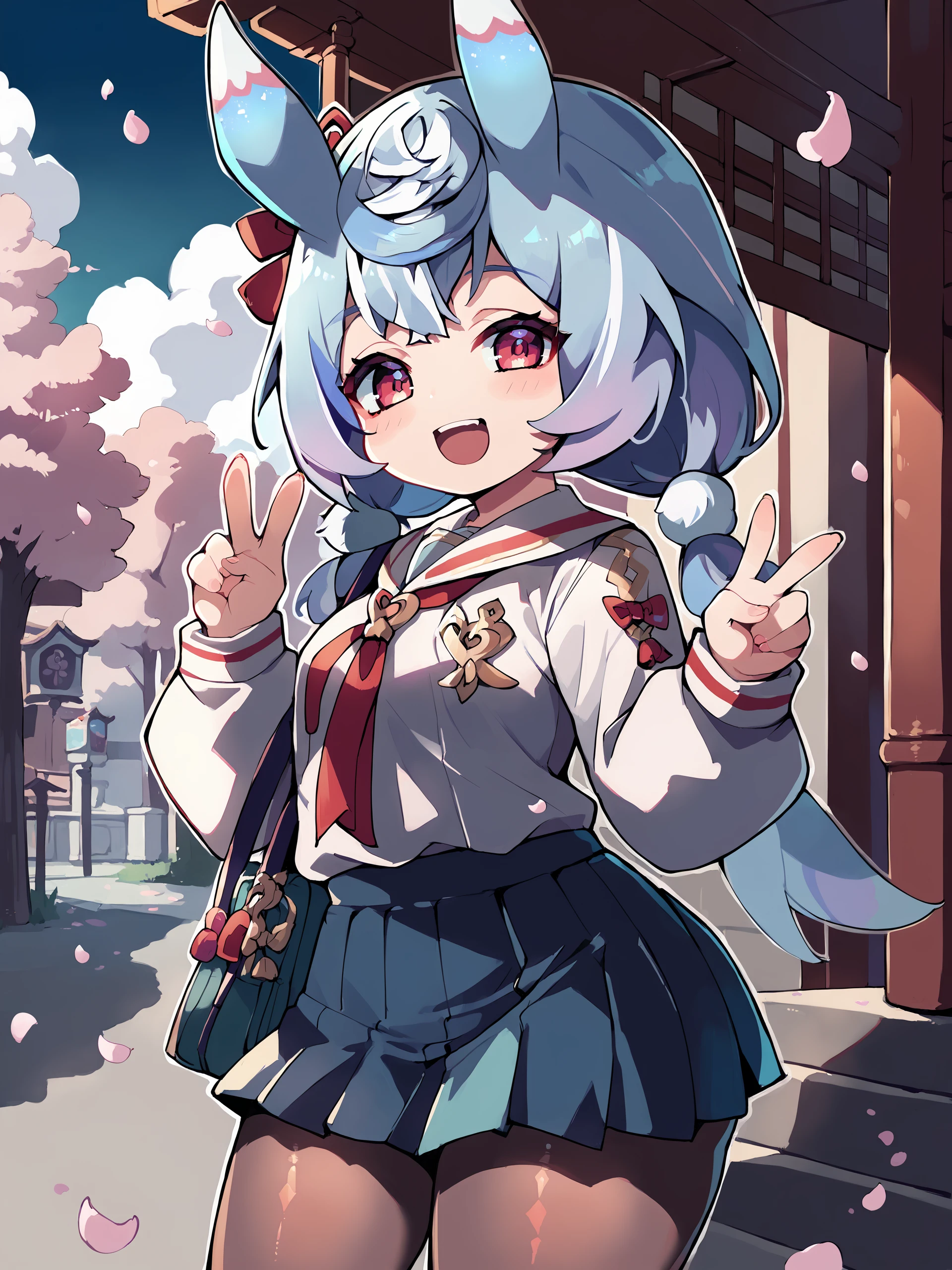 1girl, sigewinne \(genshin impact\), solo, low twintails, animal ears, school uniform, white shirt, sweater, pleated skirt, pantyhose, smile, open mouth, double v, looking at viewer, smile, open mouth, outdoors, street, cherry blossoms, petals, depth of field score_9, score_8_up, score_7_up, source_anime, <lora:Char-Genshin-Sigewinne-V1-Pony:1> <lora:style-zankuro:0.8>