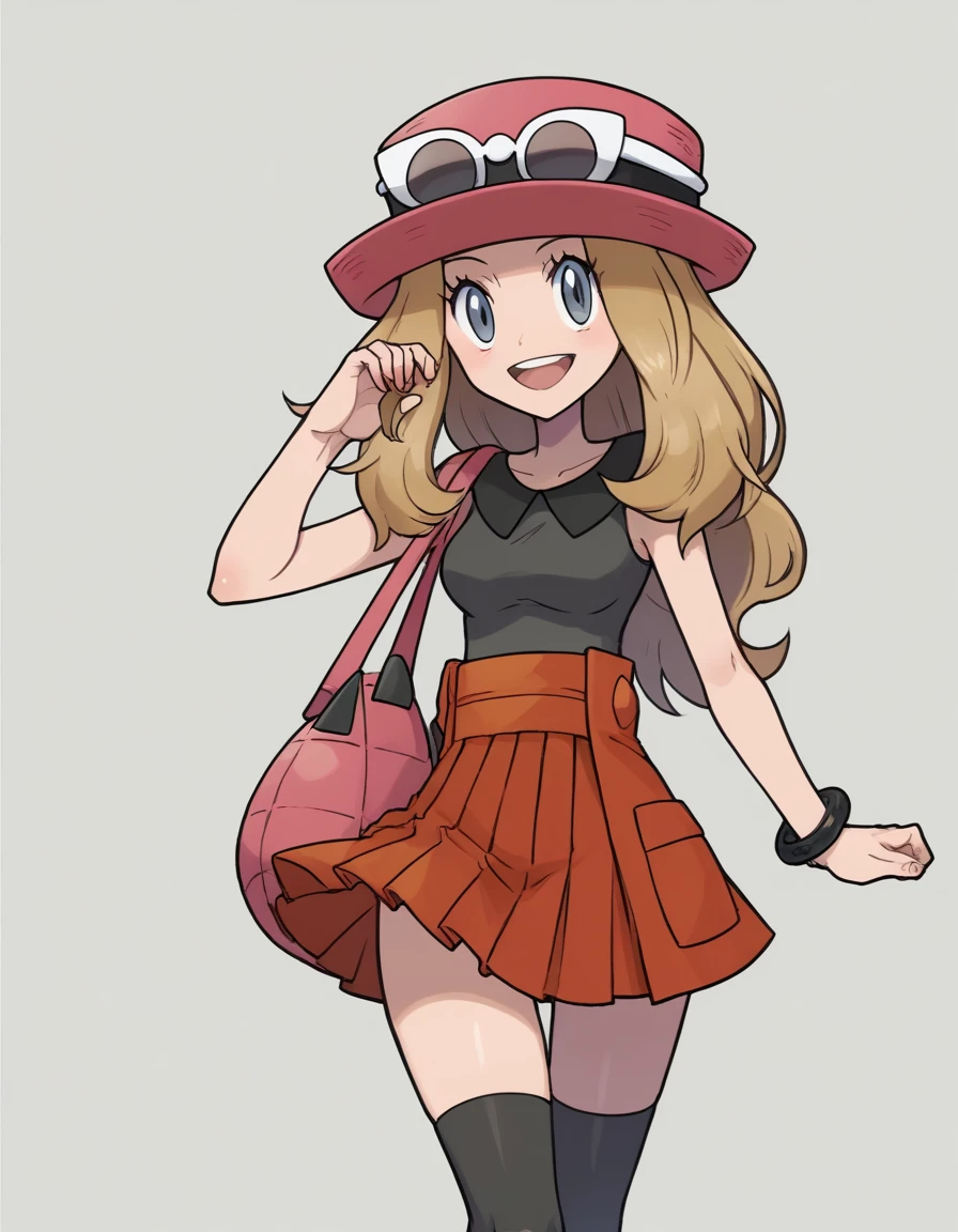 highly detailed face and skin texture, detailed eyes, double eyelids, cleavage, breasts, solo female, bedroom, aaserena, solo, long hair, eyewear on headwear, pink headwear, eyelashes, blue eyes, sleeveless shirt, black shirt, bracelet, high-waist skirt, red skirt, black thighhighs
