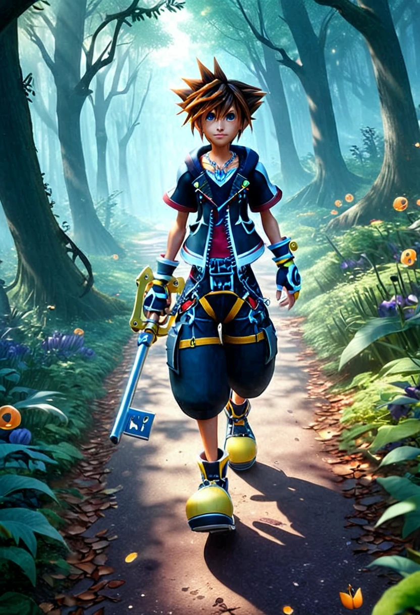 sorakh, keyblade, 1boy, walking down an enchanted path in a dark forest, halloween theme, shadow monster