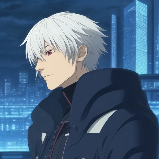 DMMd_Style, 1boy, white hair, futuristic city background, perfecteyes eyes, red eyes