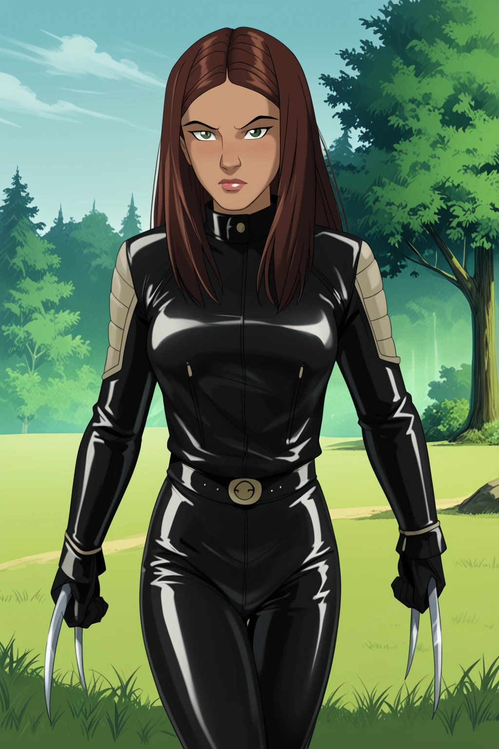 PonyXLV6_Scores BREAK ((parody:1.2)), <lora:add-detail-xl:1>, (absurd resolution, perfect anatomy), <lora:X-23:1> laura kinney, long hair, brown hair, dark-skinned female, green eyes, solo, flirting, raised eyebrow, blushing, ((looking at viewer)), lipstick, makeup, leather, bodysuit, black gloves, black pants, large breasts, petite, curvy, toned, athletic, thigh gap, sexually suggestive, action pose, claws, outdoors