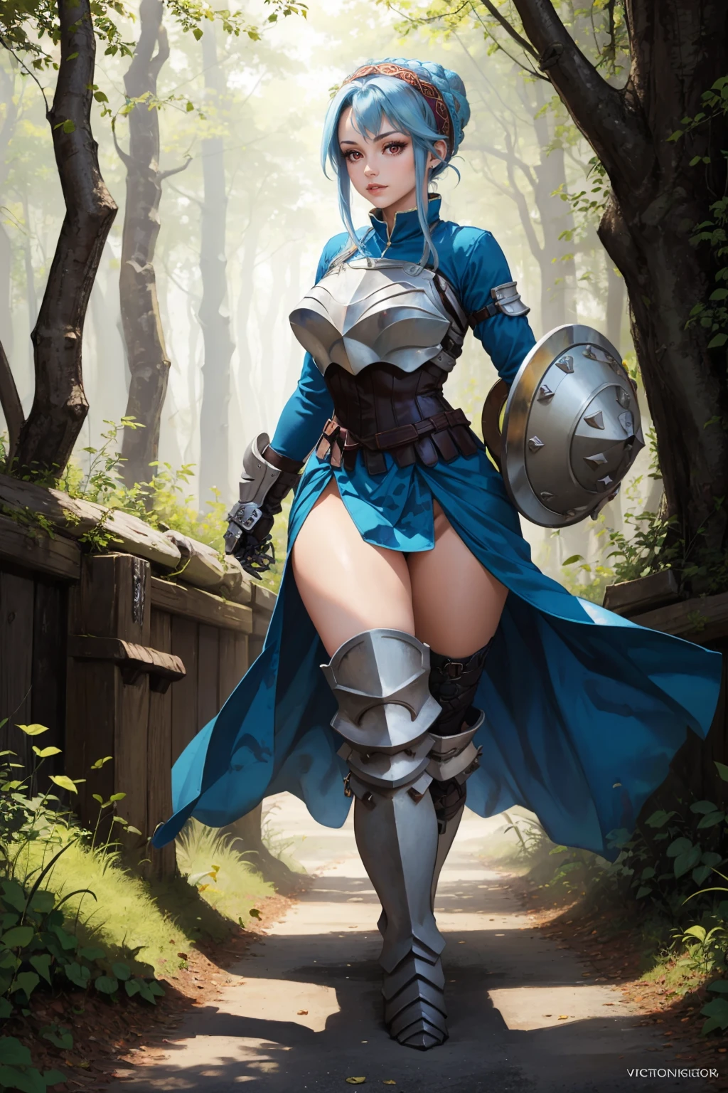 masterpiece, best quality, 1girl, solo <lora:uovirginia-nvwls-v1-000009:0.9> uovirginia, hair bun, red eyes, crown braid, hairband, blue dress, long sleeves, armor, corset, pelvic curtain, gauntlets, looking at viewer, armored boots, large breasts, walking, forest, dappled sunlight