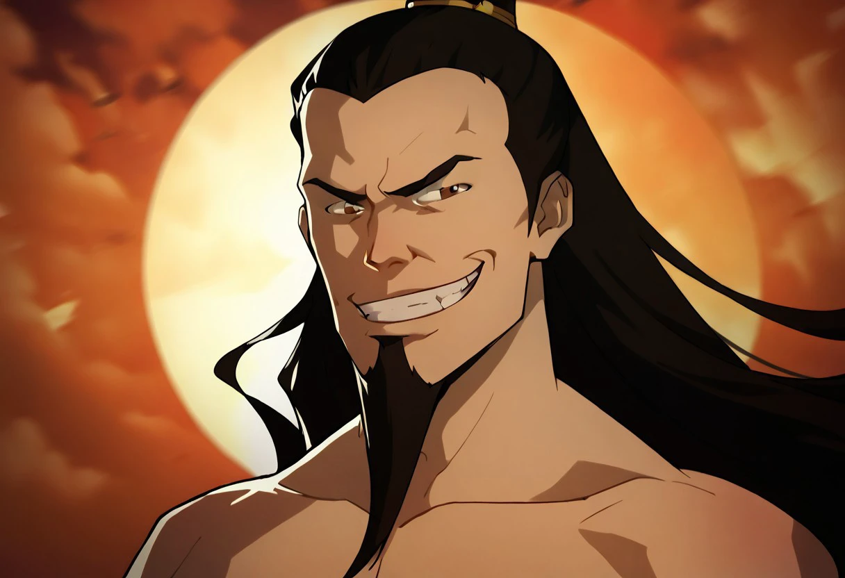 score_9,score_8_up,score_7_up,score_6_up,  portrait, male, long black hair, goatee, evil grin, shirtless