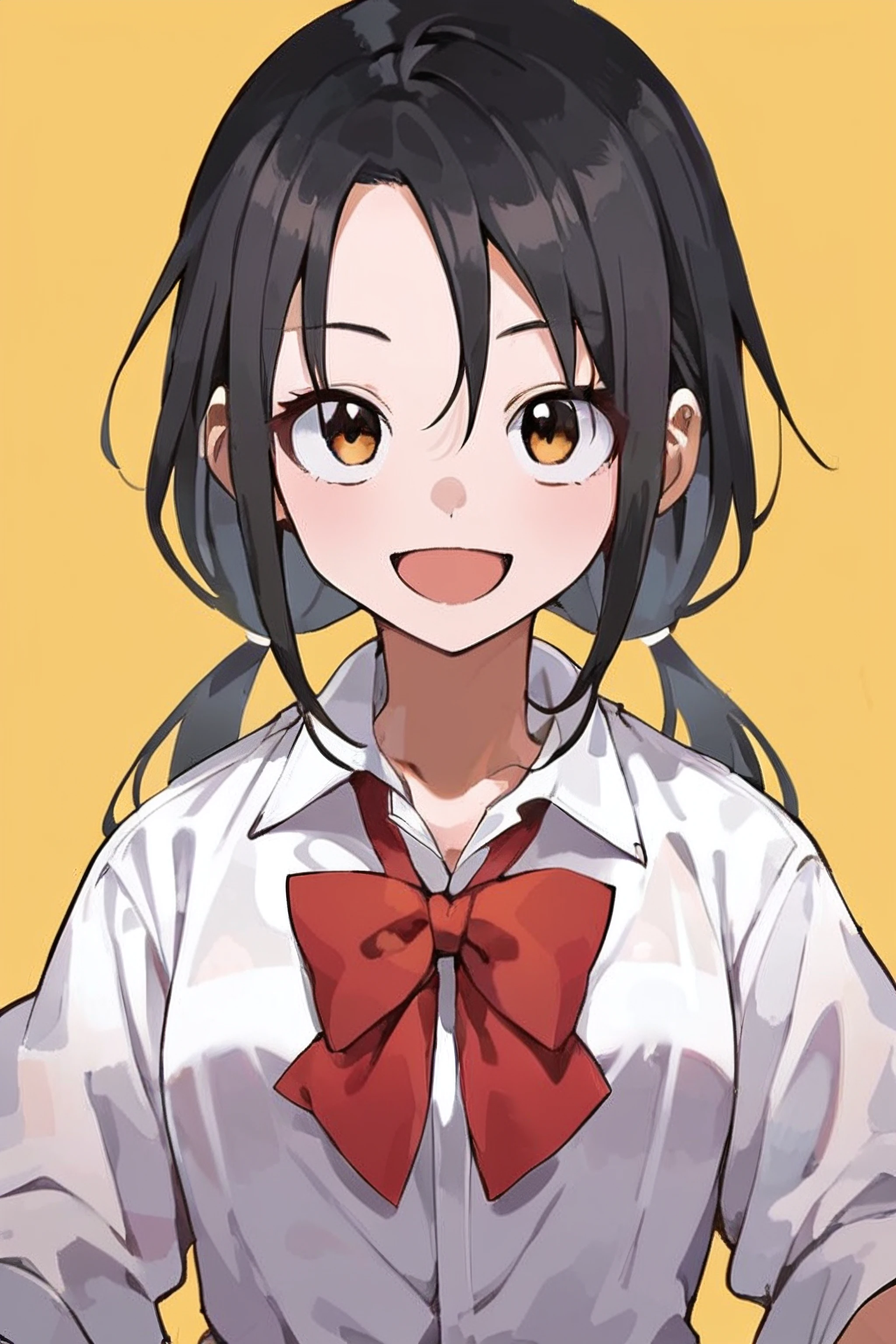 score_9, score_8_up, score_7_up, score_6_up, score_5_up, score_4_up <lora:NagisaAkane:0.7> NagisaAkane, 1girl, solo, black hair, low twintails, smile, open mouth, white collared shirt, red collar ribbon,  standing, yellow background, looking at viewer, upper body,