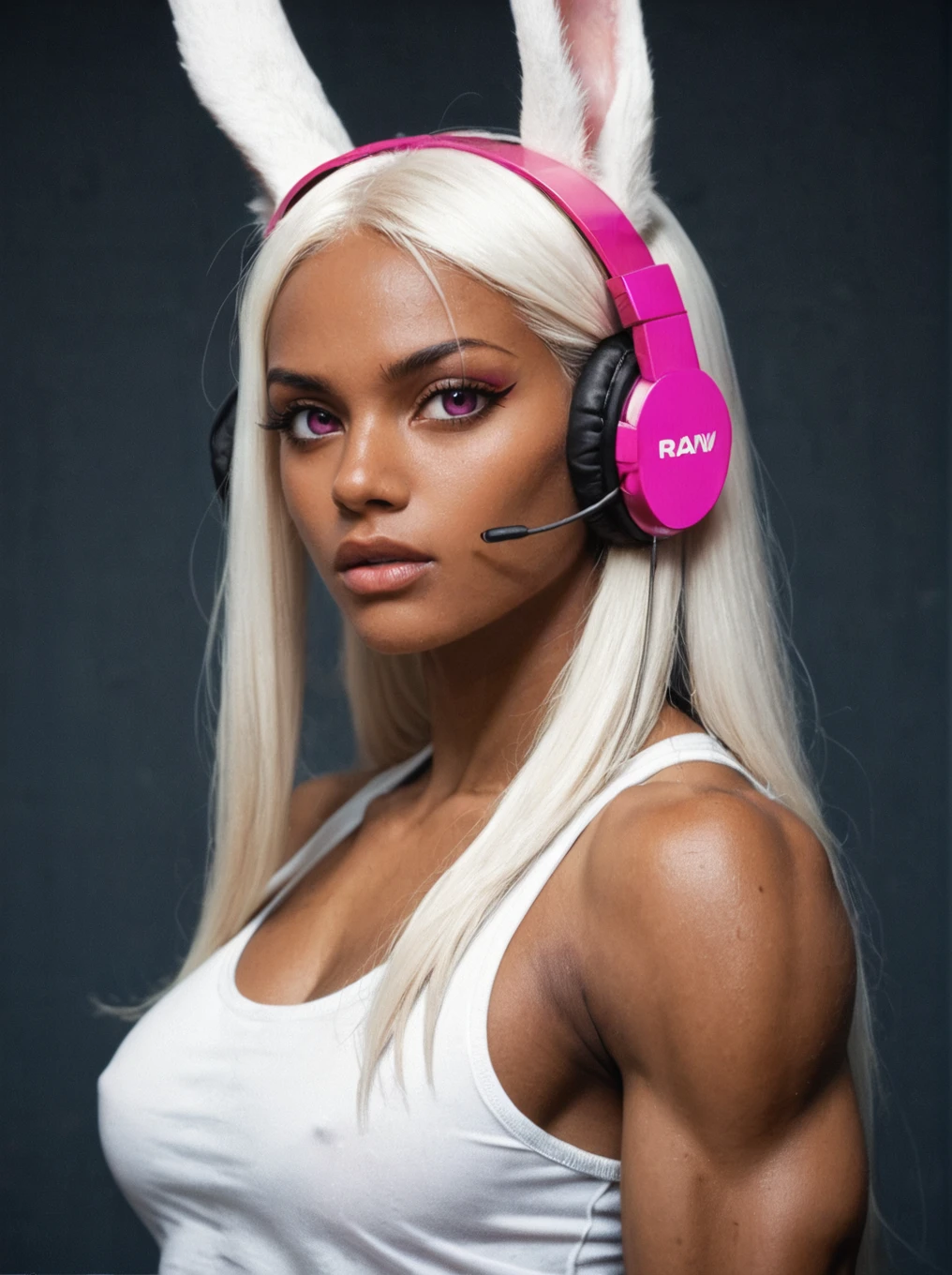 from side, 1girlrumi usagiyama, long hair, animal ears, white hair, dark skin, rabbit ears, dark-skinned female, muscular, rabbit girl, muscular female, parted bangs,expressionless,pink visor,glowing visor,headphones ,wire,standing , (empty eyes, pink eyes, no pupils), open mouth, anime screencap, looking at the viewer, (raw,score_8_up),photo, raw,realistic