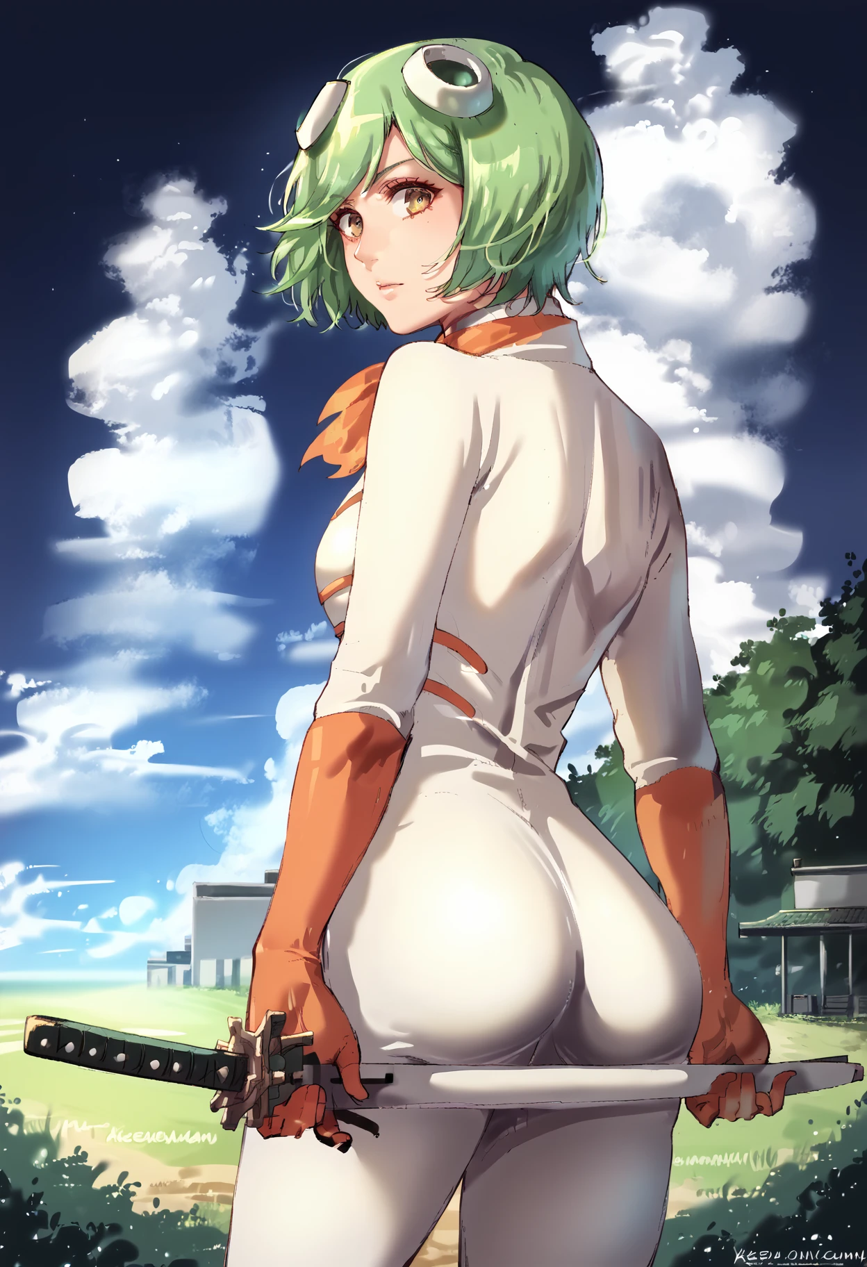 score_9, score_8_up, score_7_up,  <lora:m4sh1r0:1> m4sh1r0,1girl,portrait,lookint at viewer,bodysuit,green hair,<lora:ass_support_object_v0.1-pony:1> ass support,holding katana, <lora:MeMaXL_V3:0.3> outdoors, detailed, night, clouds