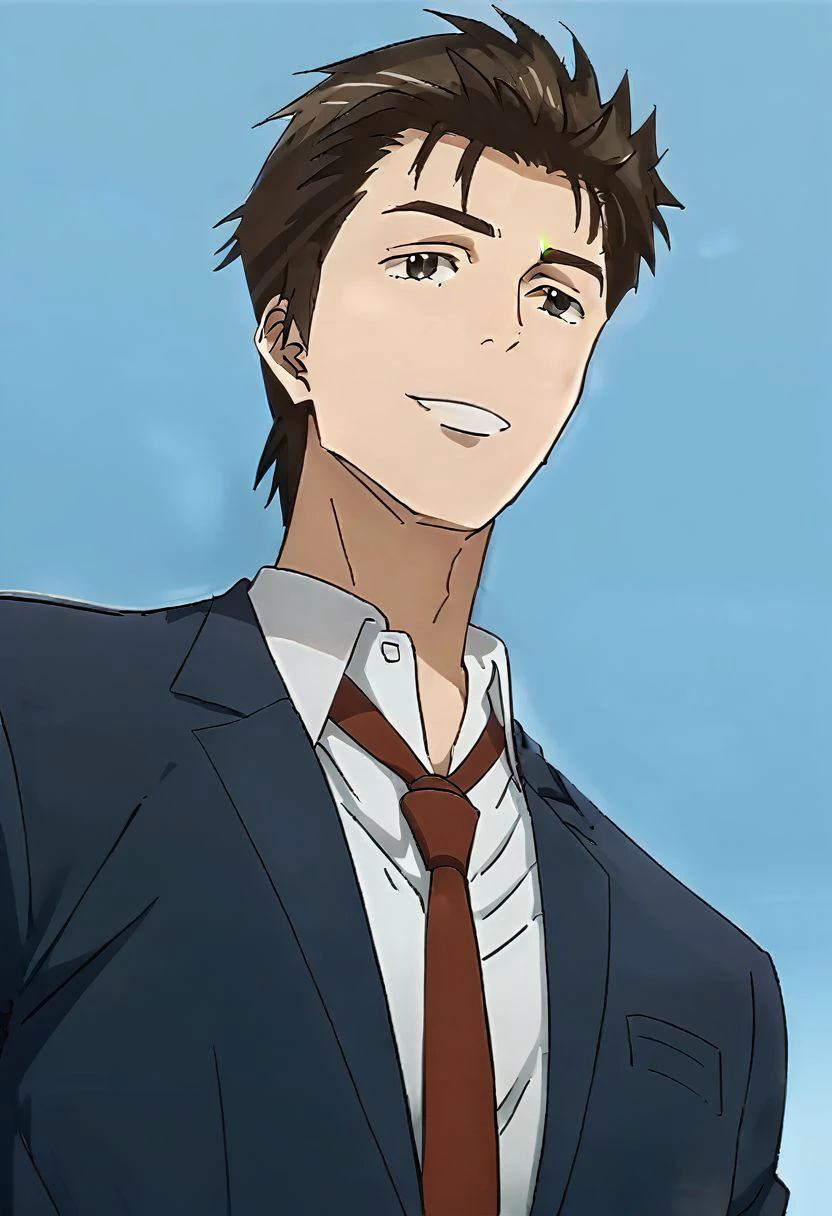 (score 9, score 8 up, score 7 up),((source anime, best quality, best aesthetic, perfect anatomy)),1boy,male focus,handsome detailed face,black eyes,blazer,collared shirt,slim body,skinny,necktie,solo,((Evil Smile, Bowing, clean background trending, beige_background, medium close-up, from below)),<lora:Shinich:1>,shinichi,<lora:Smooth Anime 2 Style SDXL_LoRA_Pony Diffusion V6 XL:1>,<lora:aesthetic_anime_v1s:1>,