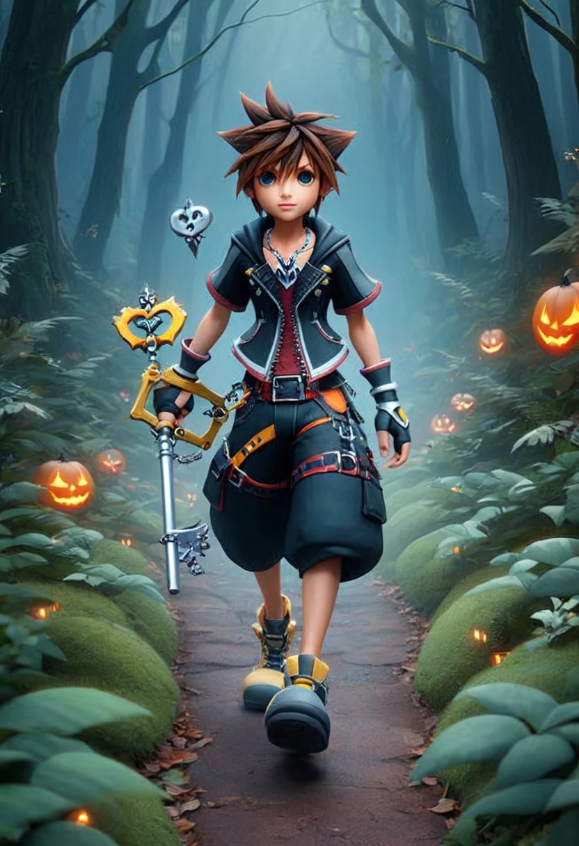 sorakh, keyblade, 1boy, walking down an enchanted path in a dark forest, halloween theme, shadow monster