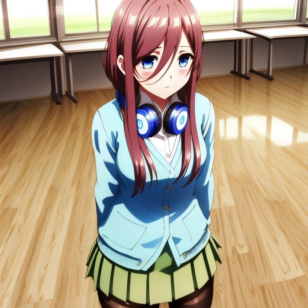 mikunakano,miku nakano, long hair, bangs, blue eyes, brown hair, shirt, hair between eyes, headphones, cardigan, headphones around neck, BREAK skirt, shirt, long sleeves, white shirt, pantyhose, pleated skirt, black pantyhose, cardigan, green skirt, blue cardigan, BREAK indoors, classroom, BREAK looking at viewer,  BREAK ,(masterpiece:1.2), best quality, high resolution, unity 8k wallpaper, (illustration:0.8), (beautiful detailed eyes:1.6), extremely detailed face, perfect lighting, extremely detailed CG, (perfect hands, perfect anatomy),